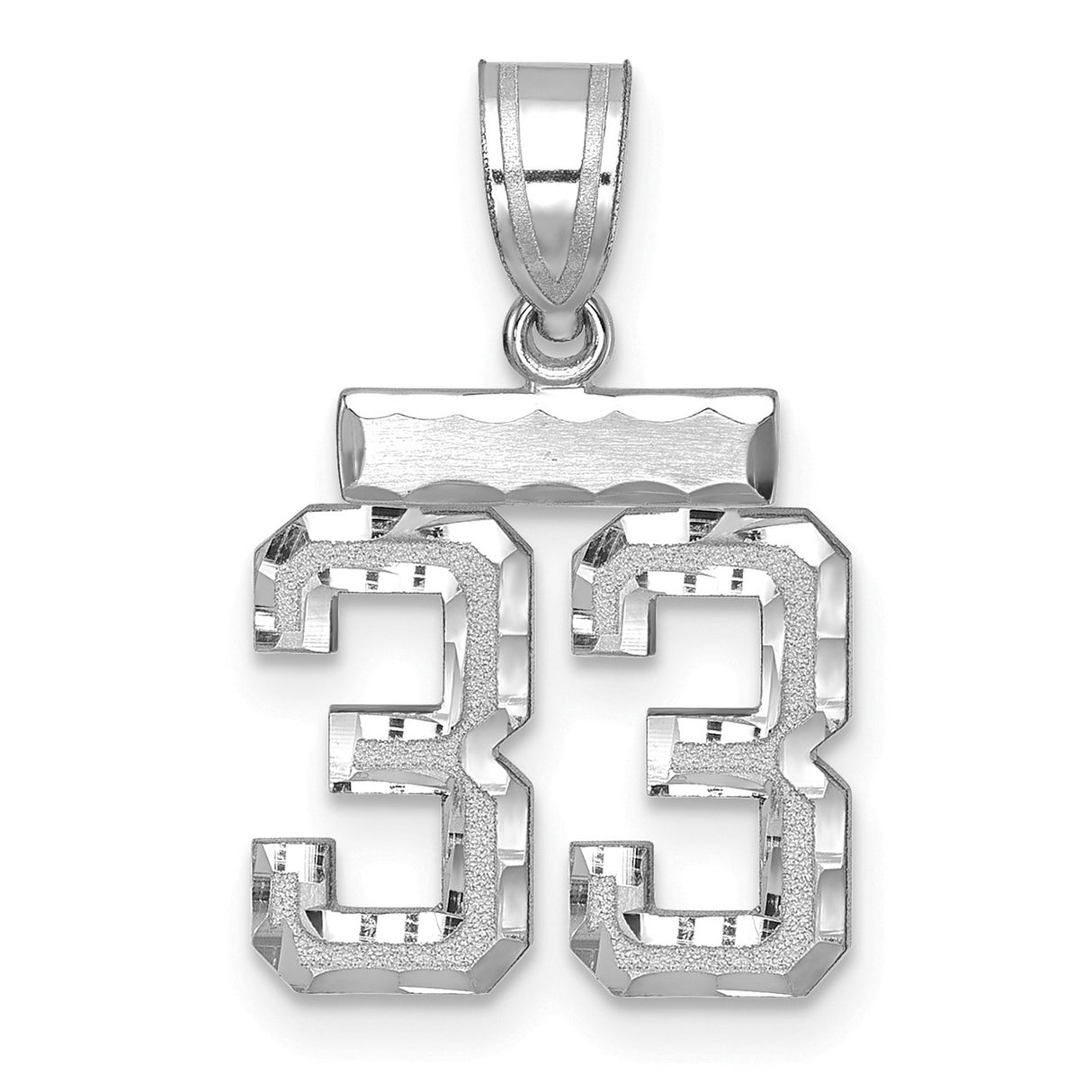 14k White Gold Number 33 Pendant, High Polish and Textured Sports Charm for Men and Unisex Wear