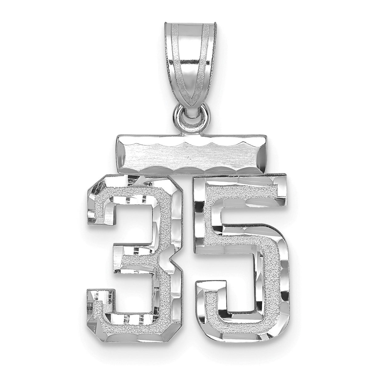 14k White Gold Number 35 Pendant, Block Style Sports Charm with Polished and Textured Finish