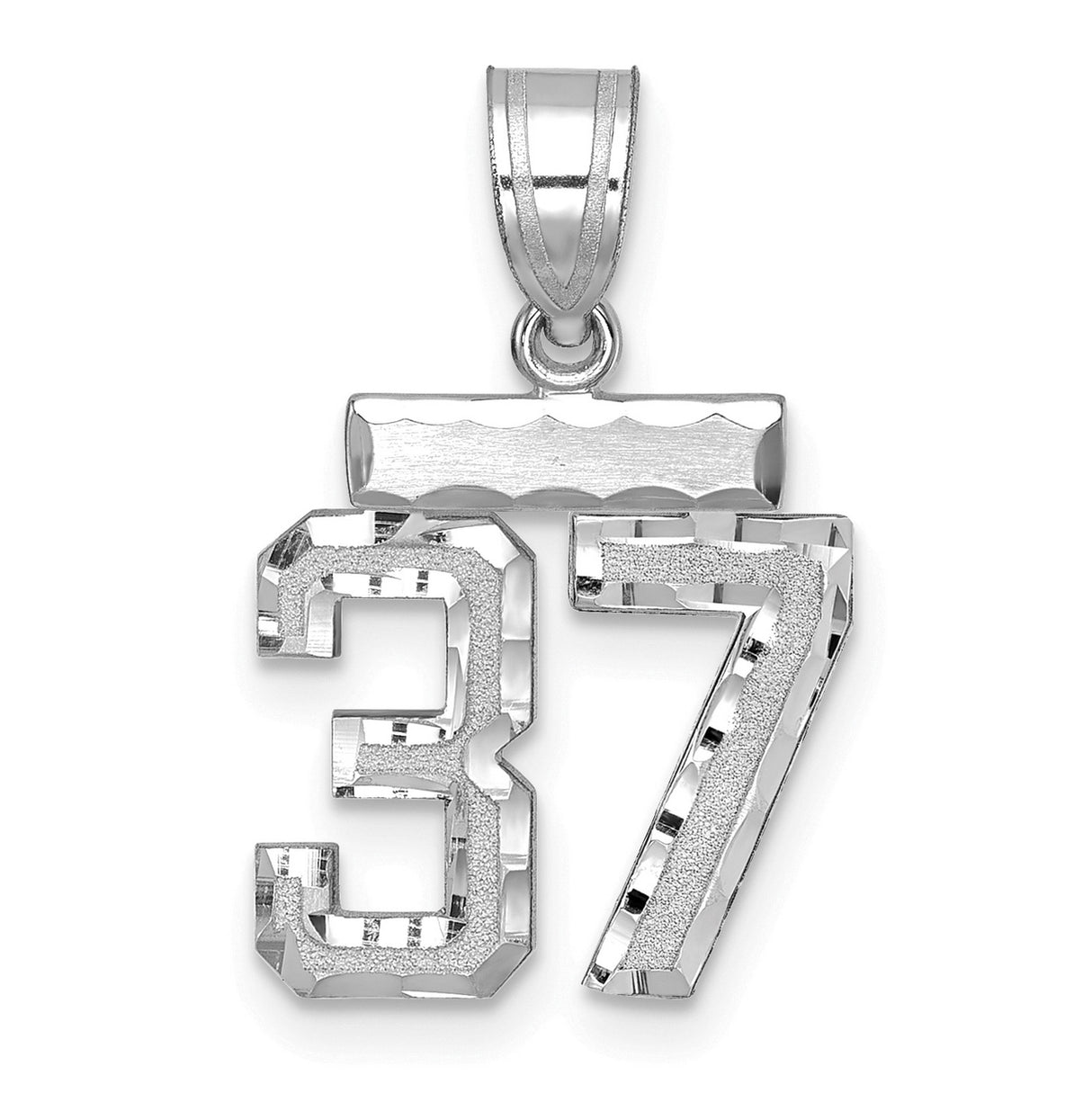 Small Brushed Diamond-cut Number 37 Charm Pendant in Real 14k White Gold