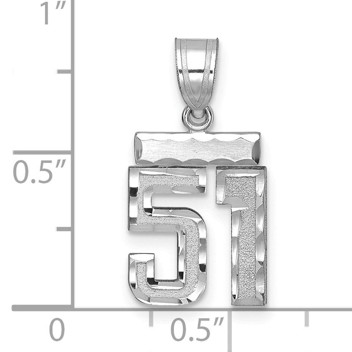 Small Brushed Diamond-cut Number 51 Charm Pendant in Real 14k White Gold