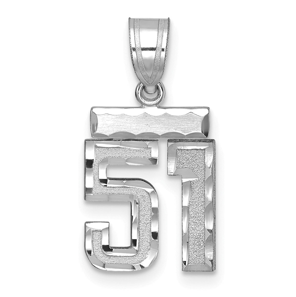 Small Brushed Diamond-cut Number 51 Charm Pendant in Real 14k White Gold
