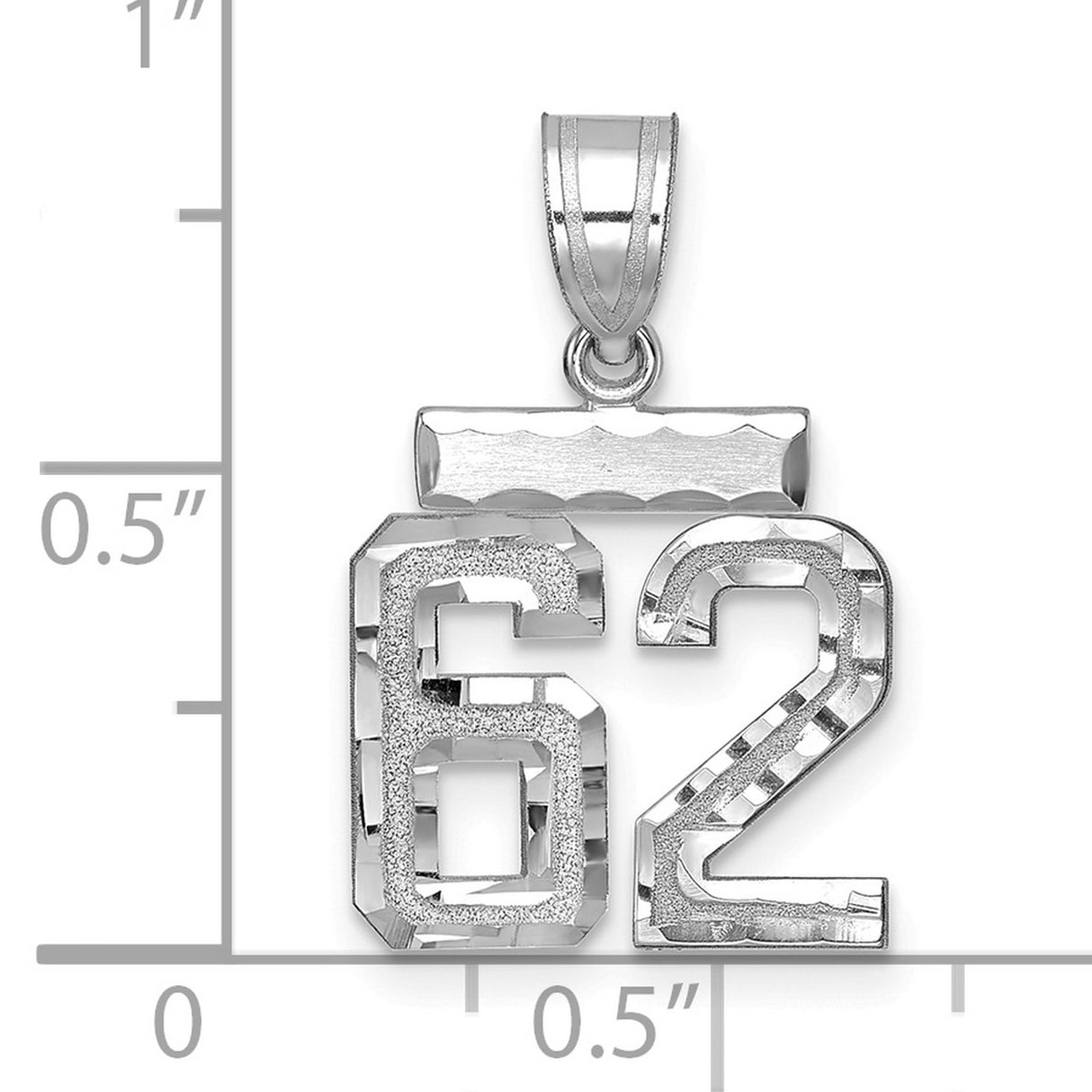 14k White Gold Number 62 Pendant, Textured and Polished Finish, Sports Milestone Charm