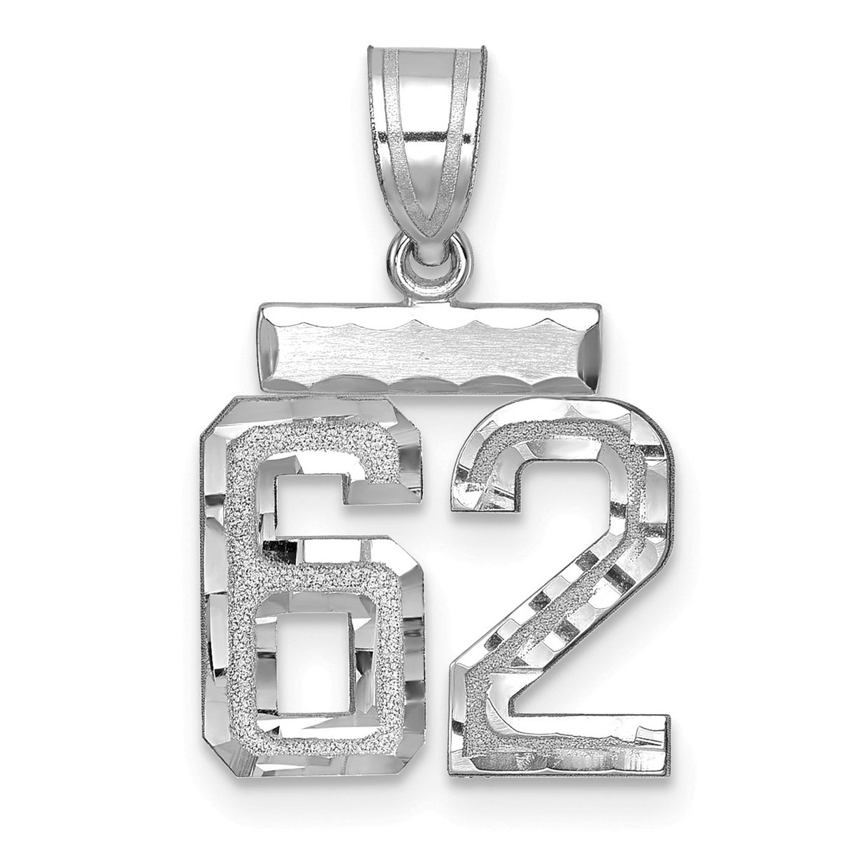 14k White Gold Number 62 Pendant, Textured and Polished Finish, Sports Milestone Charm