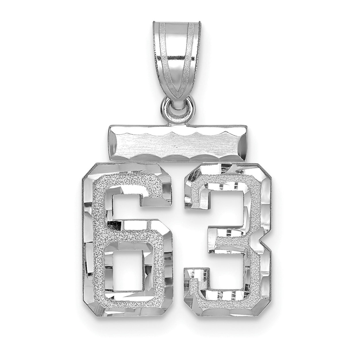 14k White Gold Number 63 Pendant, Polished Textured Sports Charm for Men