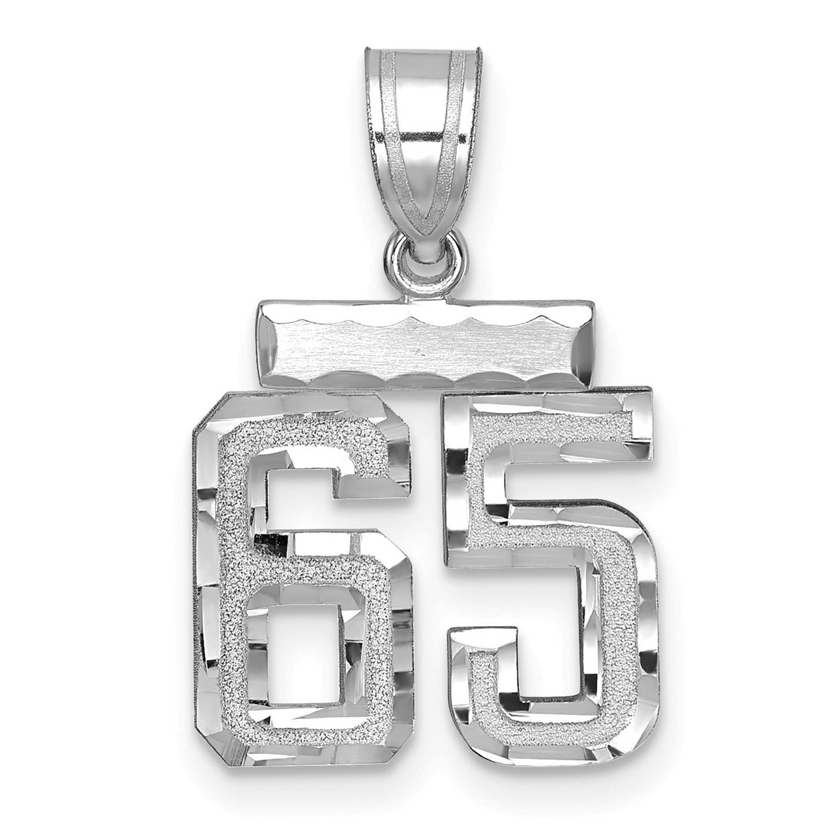 Small Brushed Diamond-cut Number 65 Charm Pendant in Real 14k White Gold