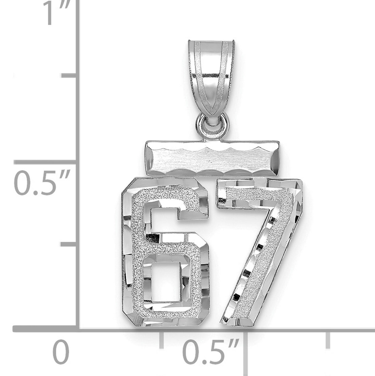 Small Brushed Diamond-cut Number 67 Charm Pendant in Real 14k White Gold
