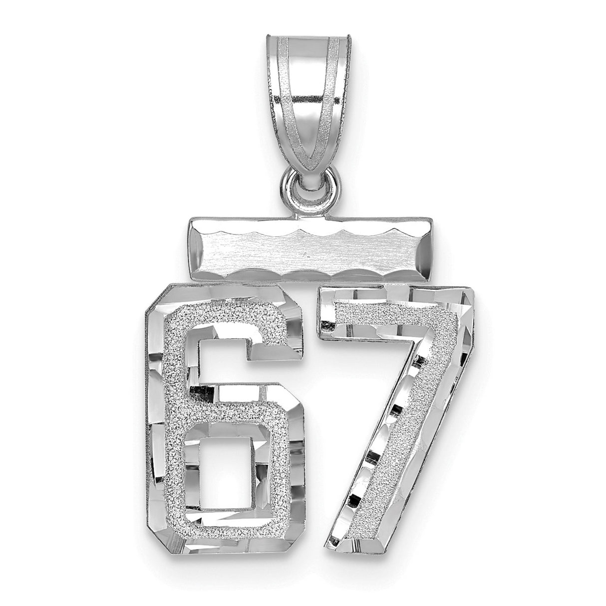 Small Brushed Diamond-cut Number 67 Charm Pendant in Real 14k White Gold