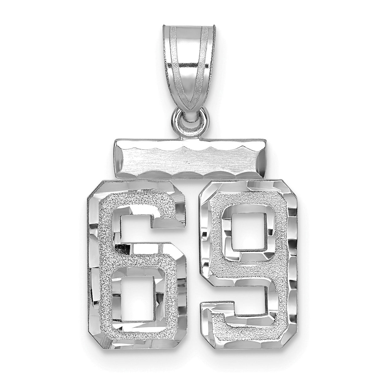 Small Brushed Diamond-cut Number 69 Charm Pendant in Real 14k White Gold