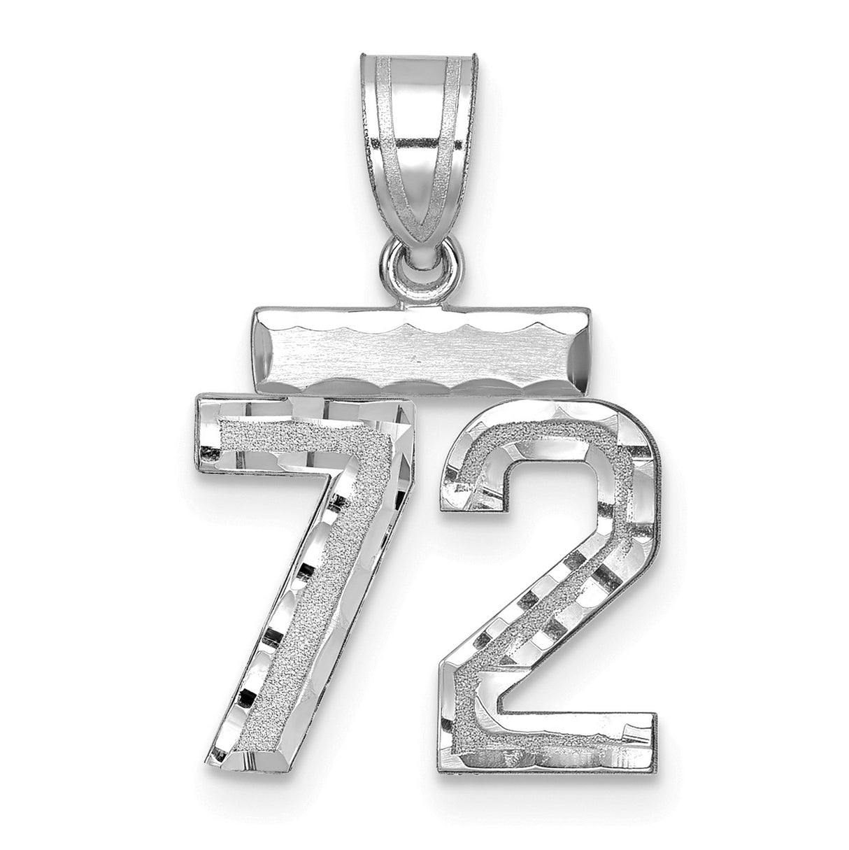 Small Brushed Diamond-cut Number 72 Charm Pendant in Real 14k White Gold