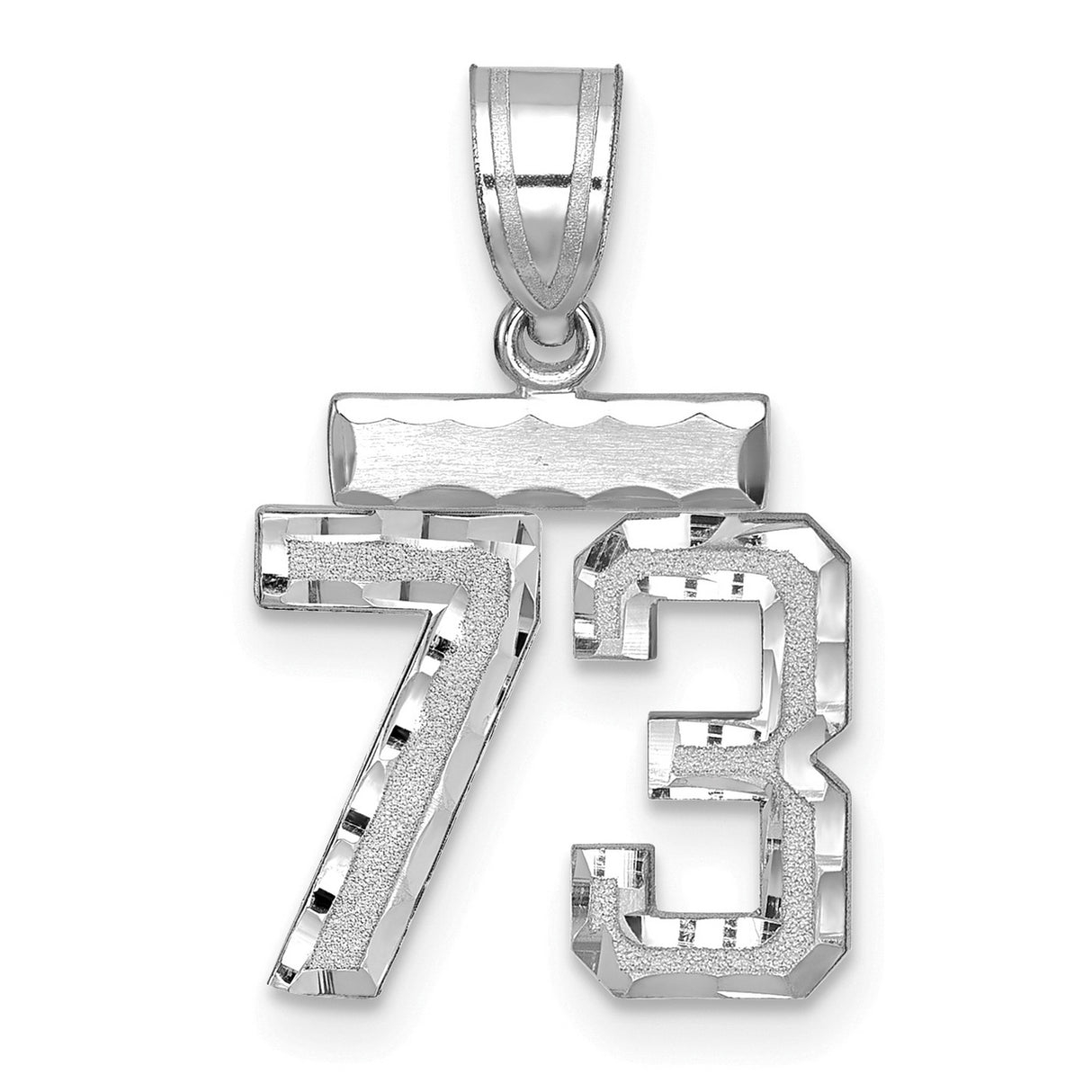 14k White Gold Number 73 Pendant, Bold Textured Design with High Polish Edges, Sports Charm