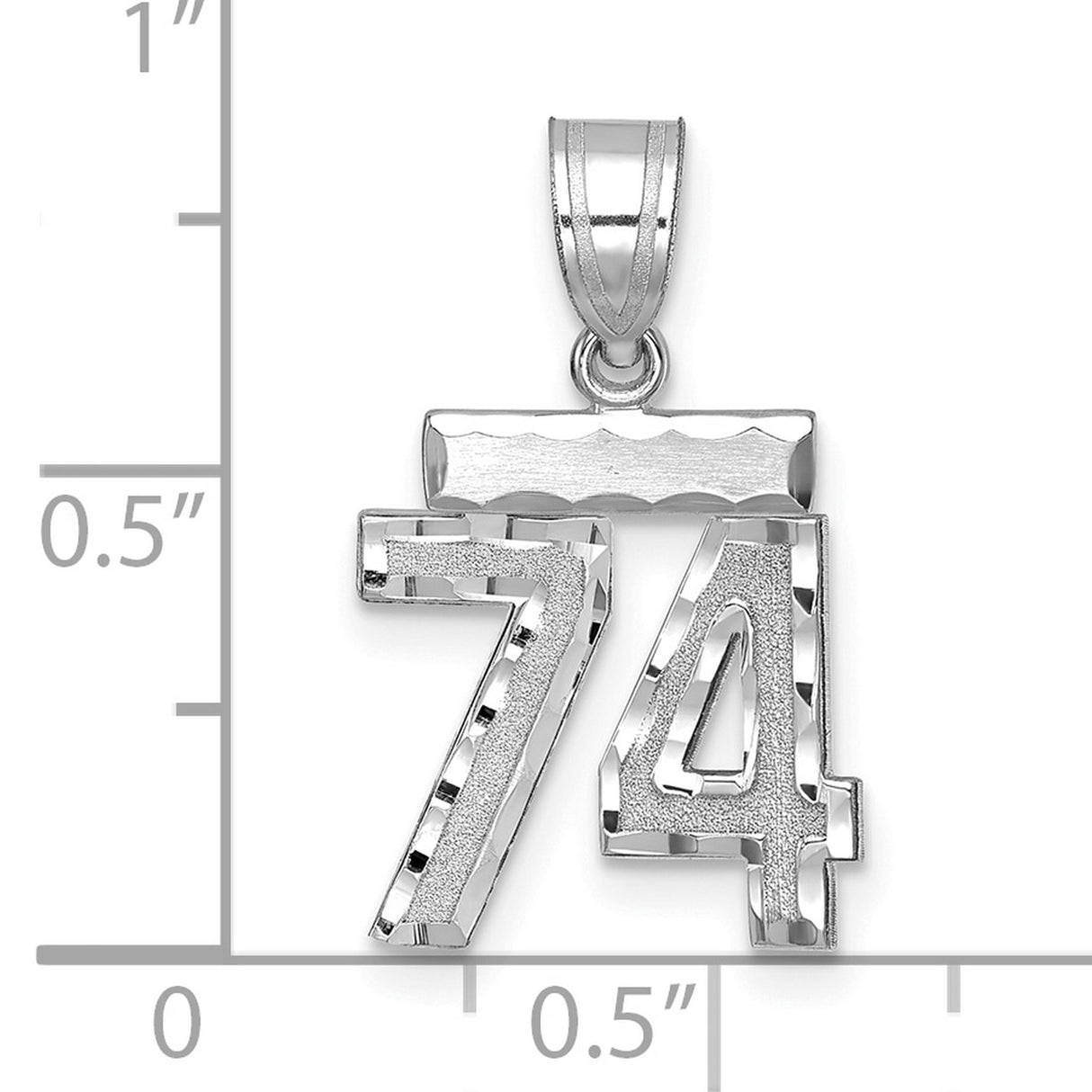 Small Brushed Diamond-cut Number 74 Charm Pendant in Real 14k White Gold