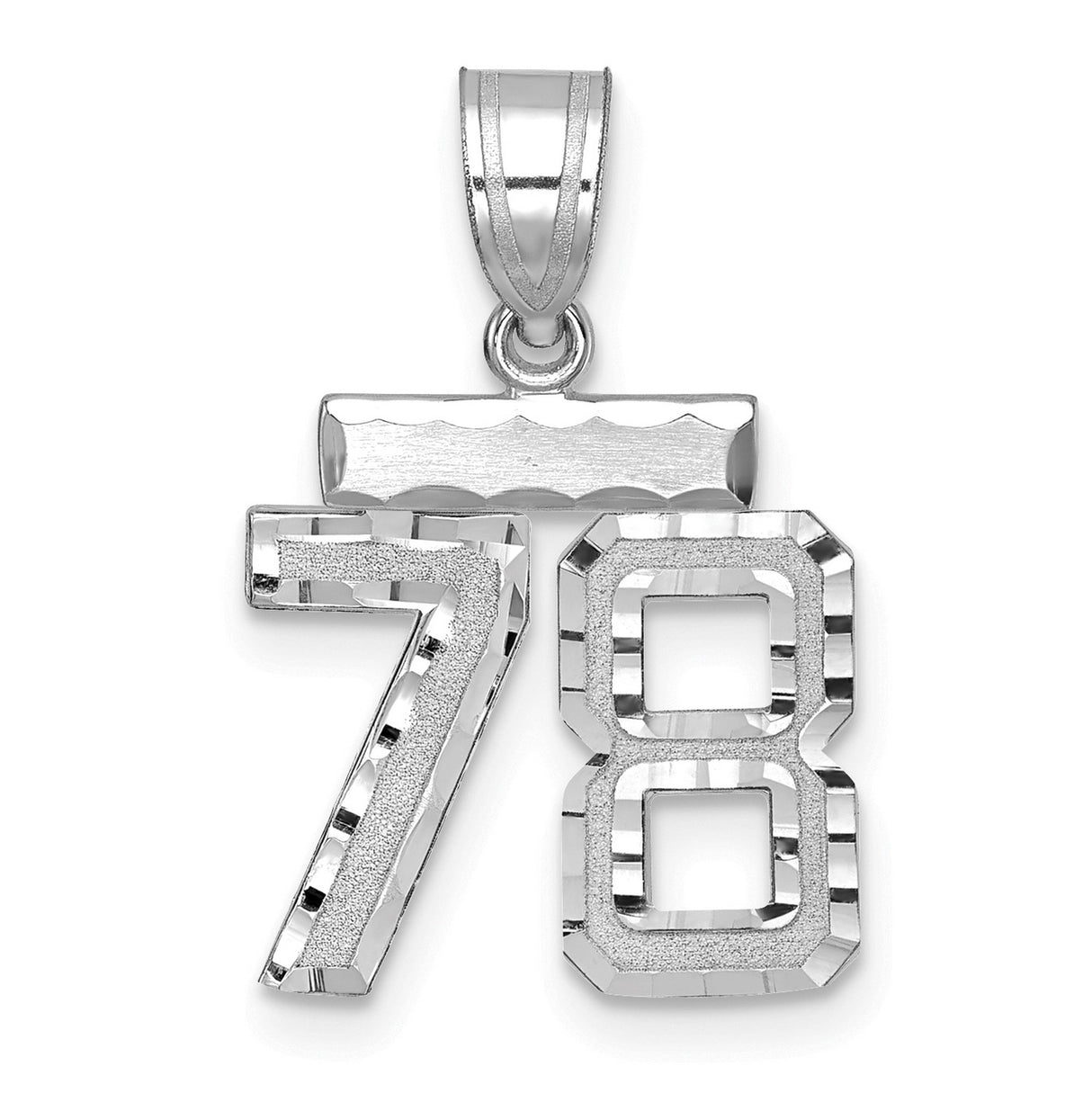 14k White Gold Number 78 Pendant, High Polish Diamond Cut Numeric Charm for Men or Women