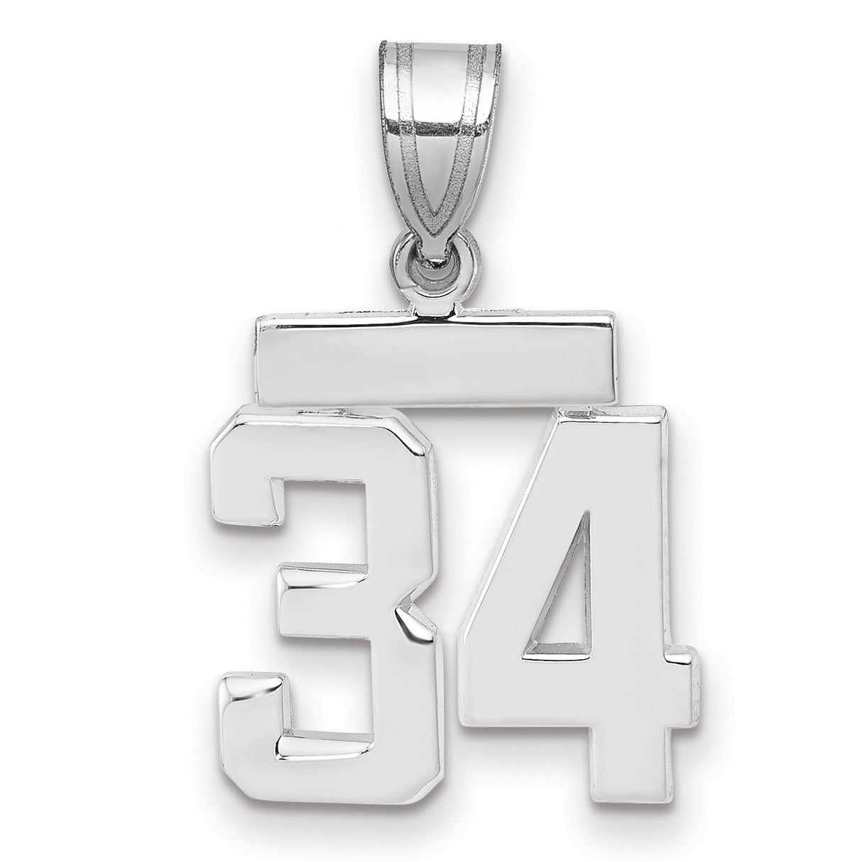 Small Polished Number 34 Charm Pendant in Real 14k White Gold