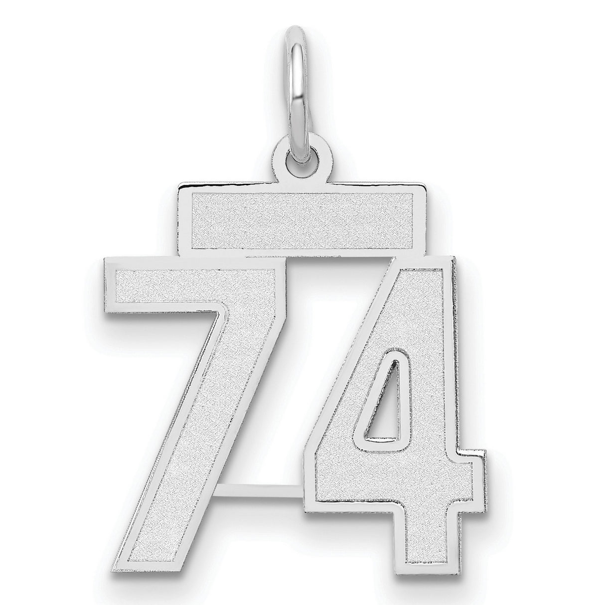 14k White Gold Number 74 Pendant Charm, Matte Finish, Bold Block Numerals, Unisex Sports Style