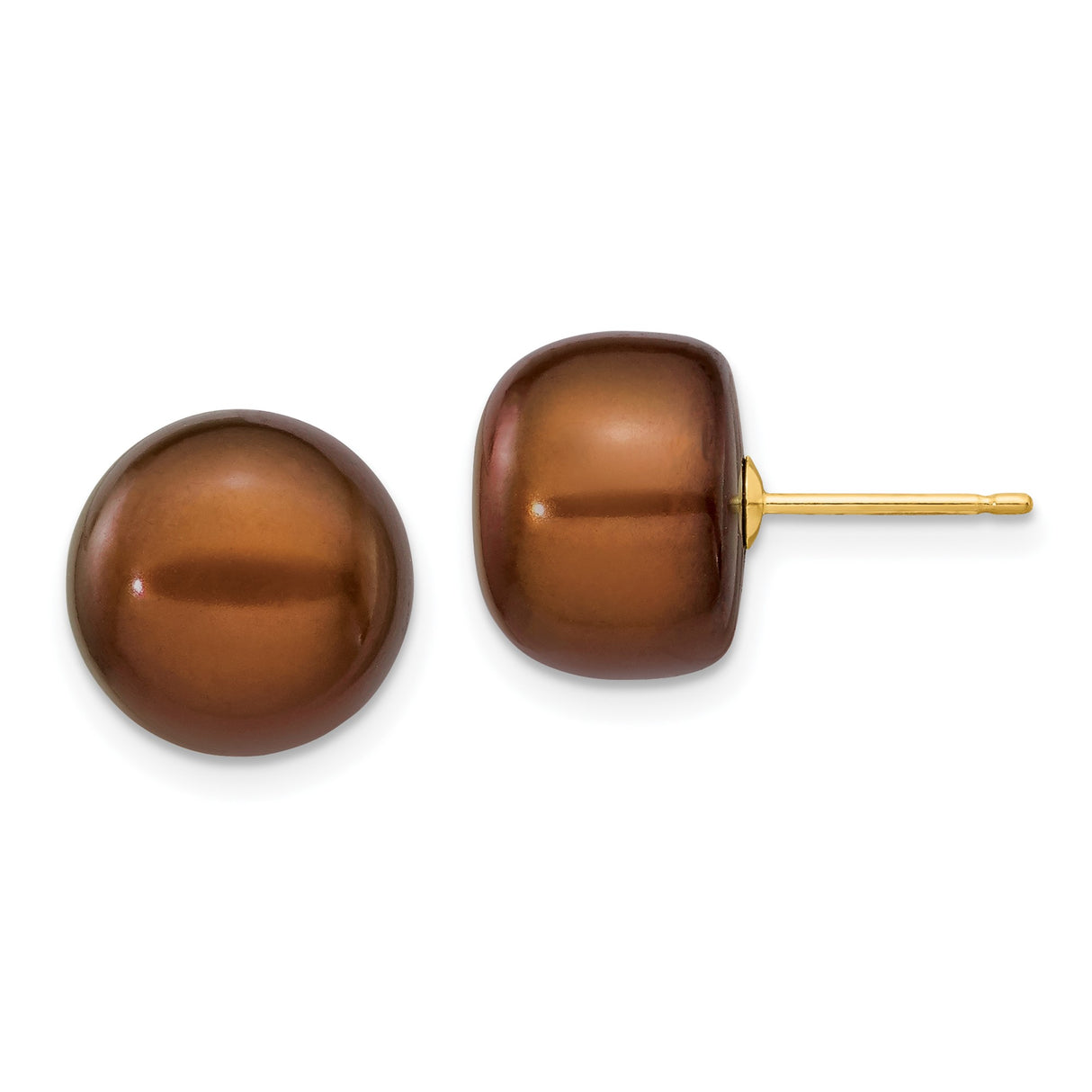 14k Yellow Gold Stud Earrings with Brown Cultured Pearls, Round Button Shape, Minimalist Design