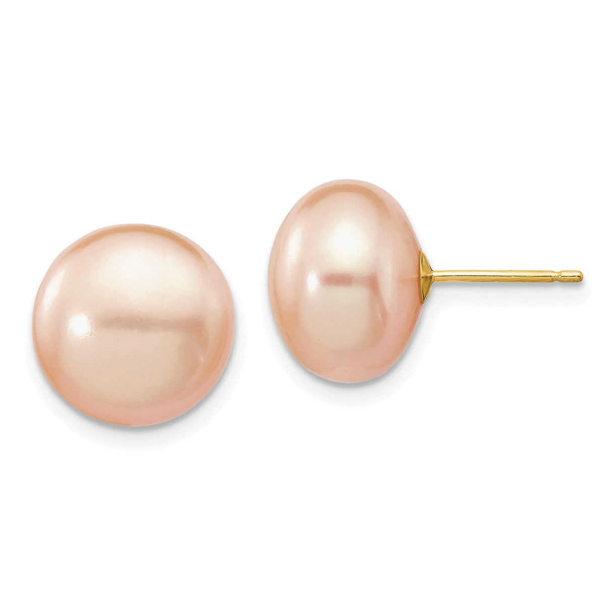 14k Yellow Gold Stud Earrings with Pink Freshwater Cultured Pearls, Classic Button Style
