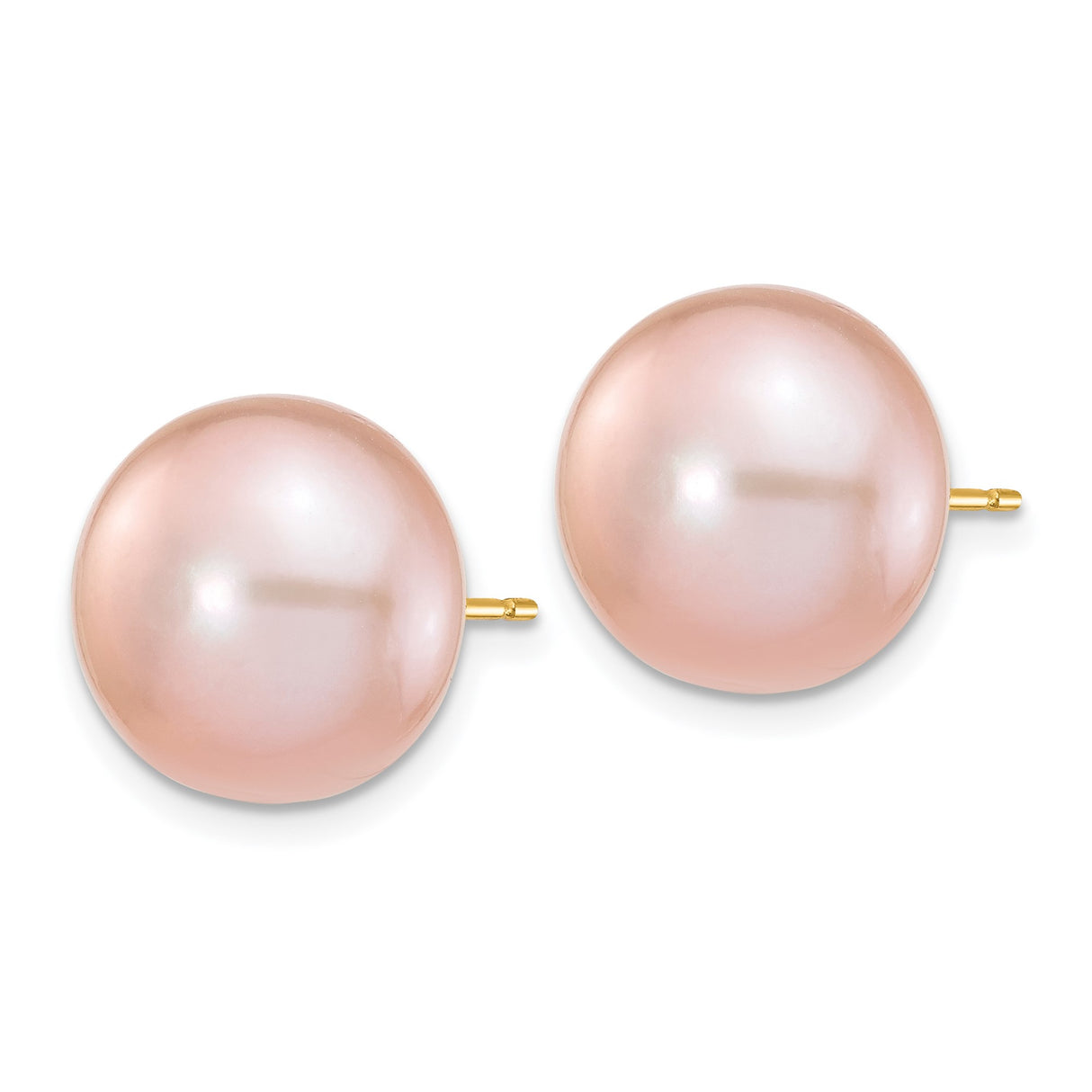 14k Yellow Gold Pearl Stud Earrings, Round Pink Freshwater Cultured, Classic Minimalist Style