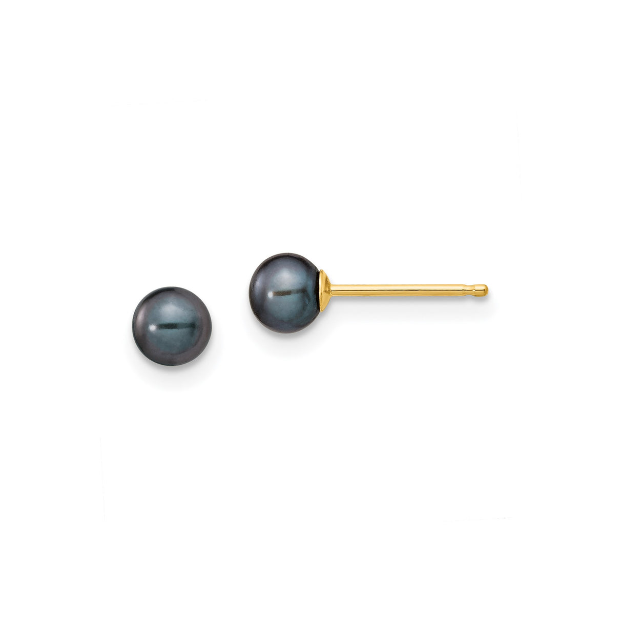 14k Yellow Gold Stud Earrings with Black Cultured Freshwater Pearls, Minimalist Design for Women