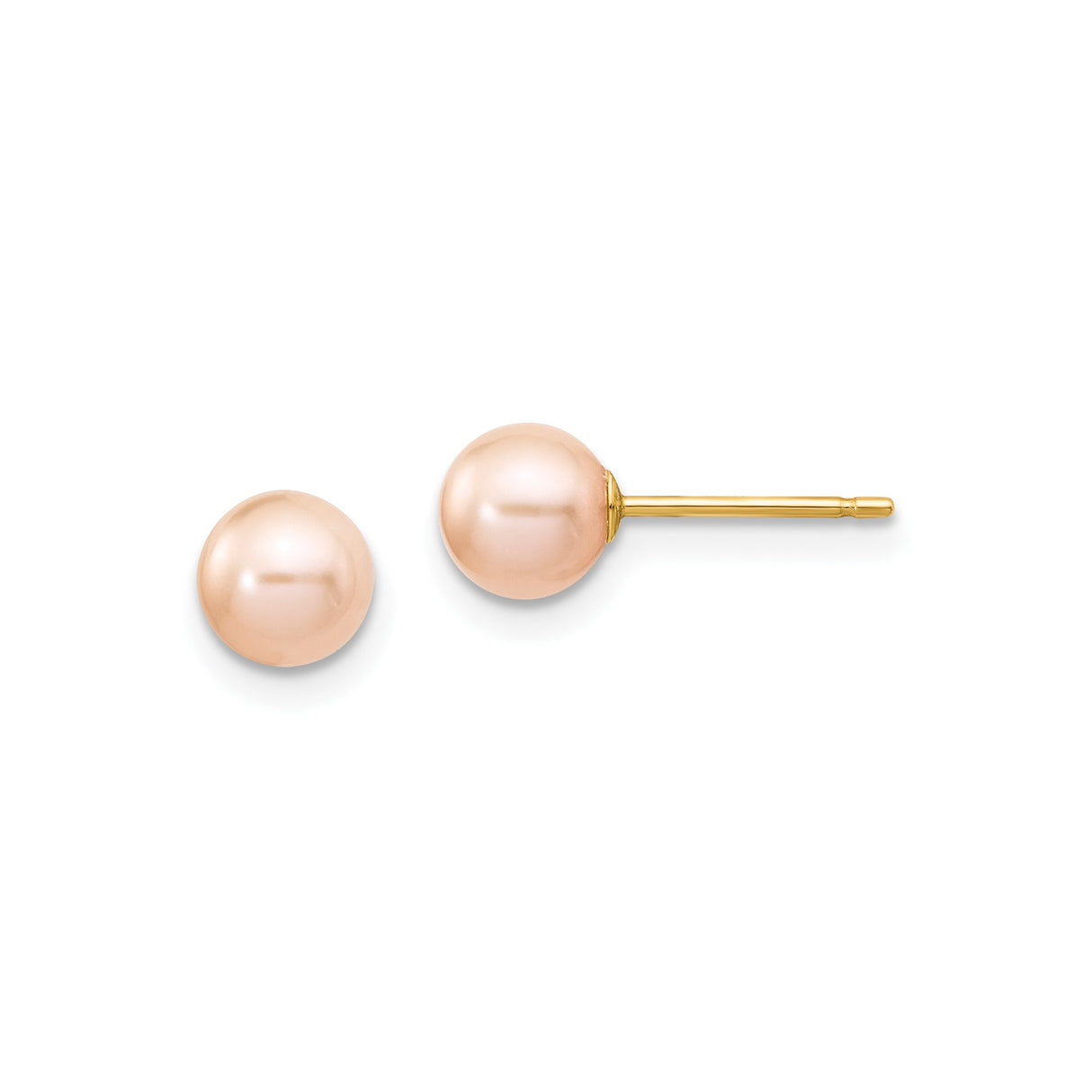 14k Yellow Gold Stud Earrings with Round Pink Pearls, Classic Dainty Style for Women