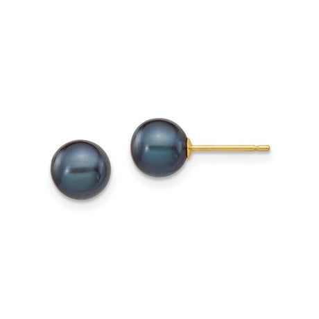 14k Yellow Gold Pearl Stud Earrings, Black Cultured Round Pearls, Classic Style for Women