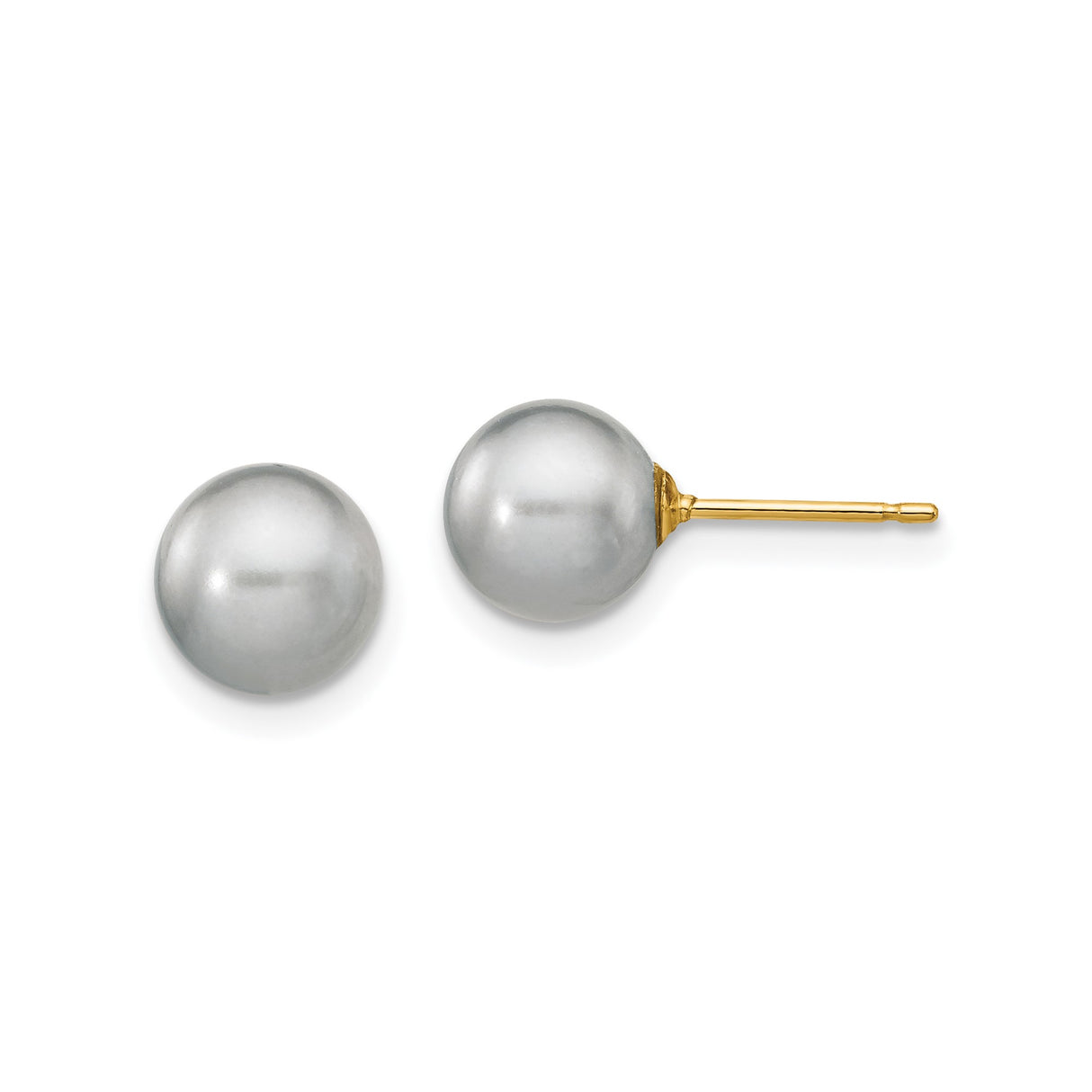 14k Yellow Gold Pearl Stud Earrings, Round White Cultured Pearls, Push Back Style for Women