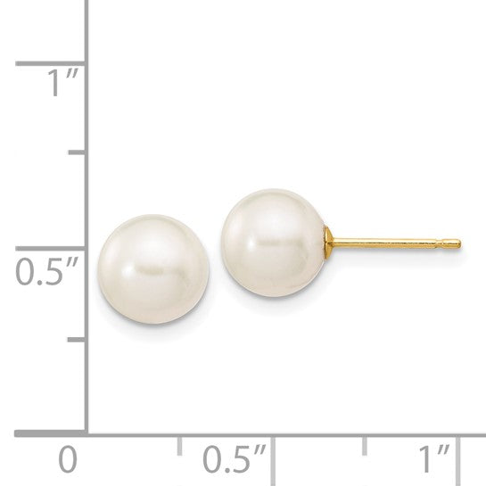 14k Yellow Gold Pearl Stud Earrings, Classic White Cultured Pearls, Minimalist Style for Women