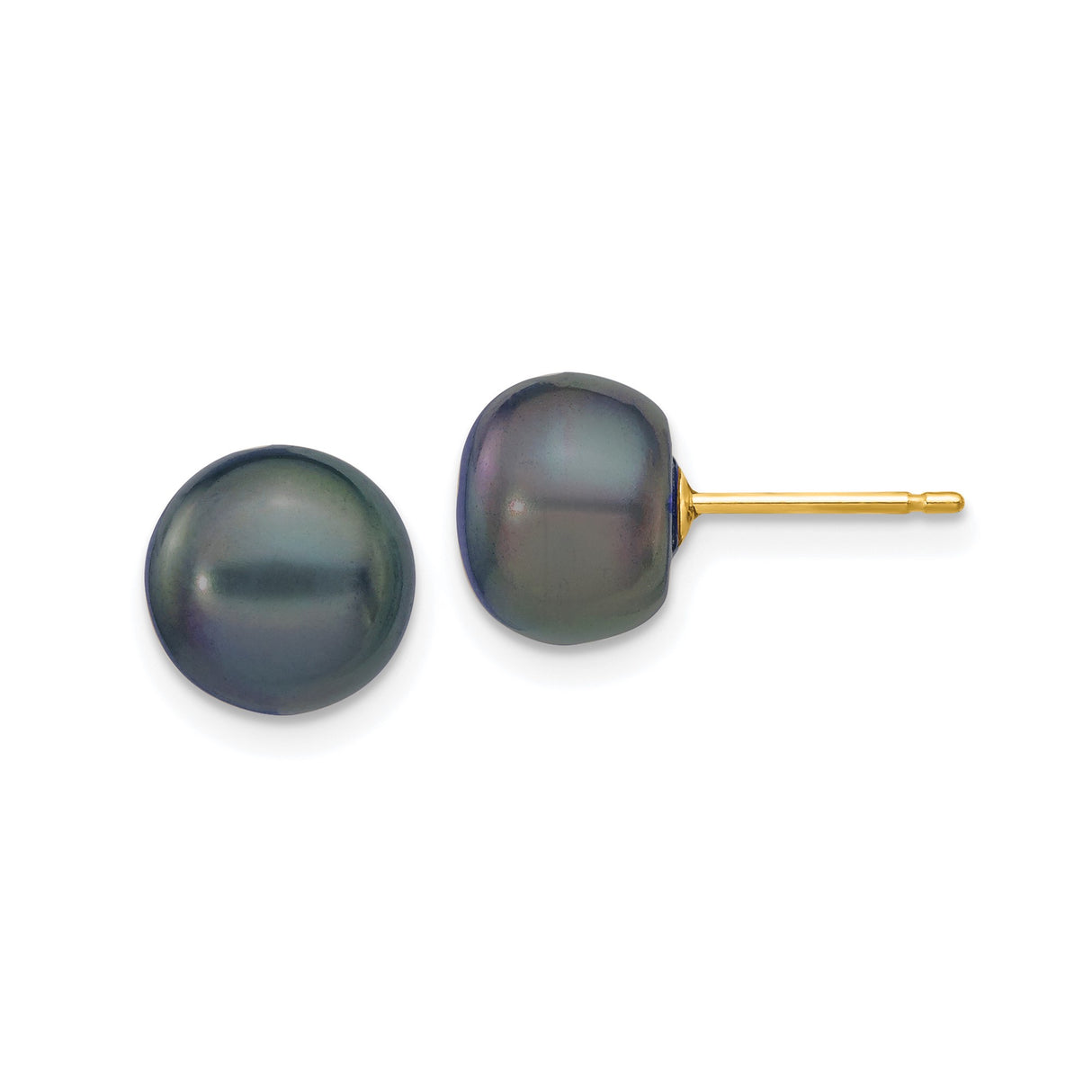 14k Yellow Gold Stud Earrings with Black Cultured Pearls, Button Freshwater Design
