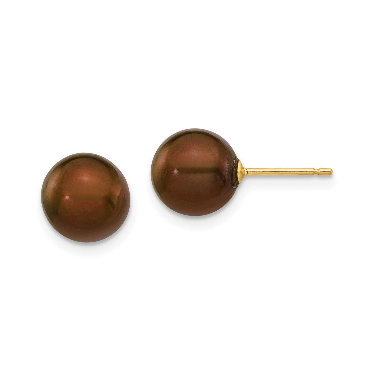14k Yellow Gold Stud Earrings with Chocolate Brown Freshwater Pearls, Classic Round Design