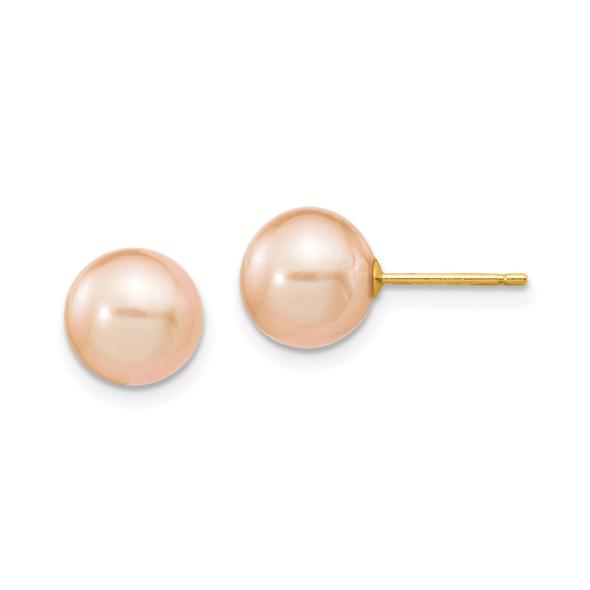 14k Yellow Gold Stud Earrings with Round Pink Freshwater Cultured Pearls for Women