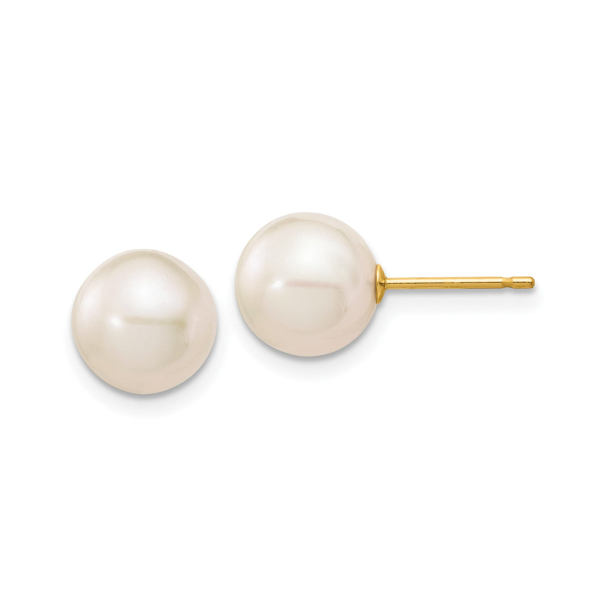 14k Yellow Gold Pearl Stud Earrings with Round White Cultured Pearls, Classic Minimalist Design