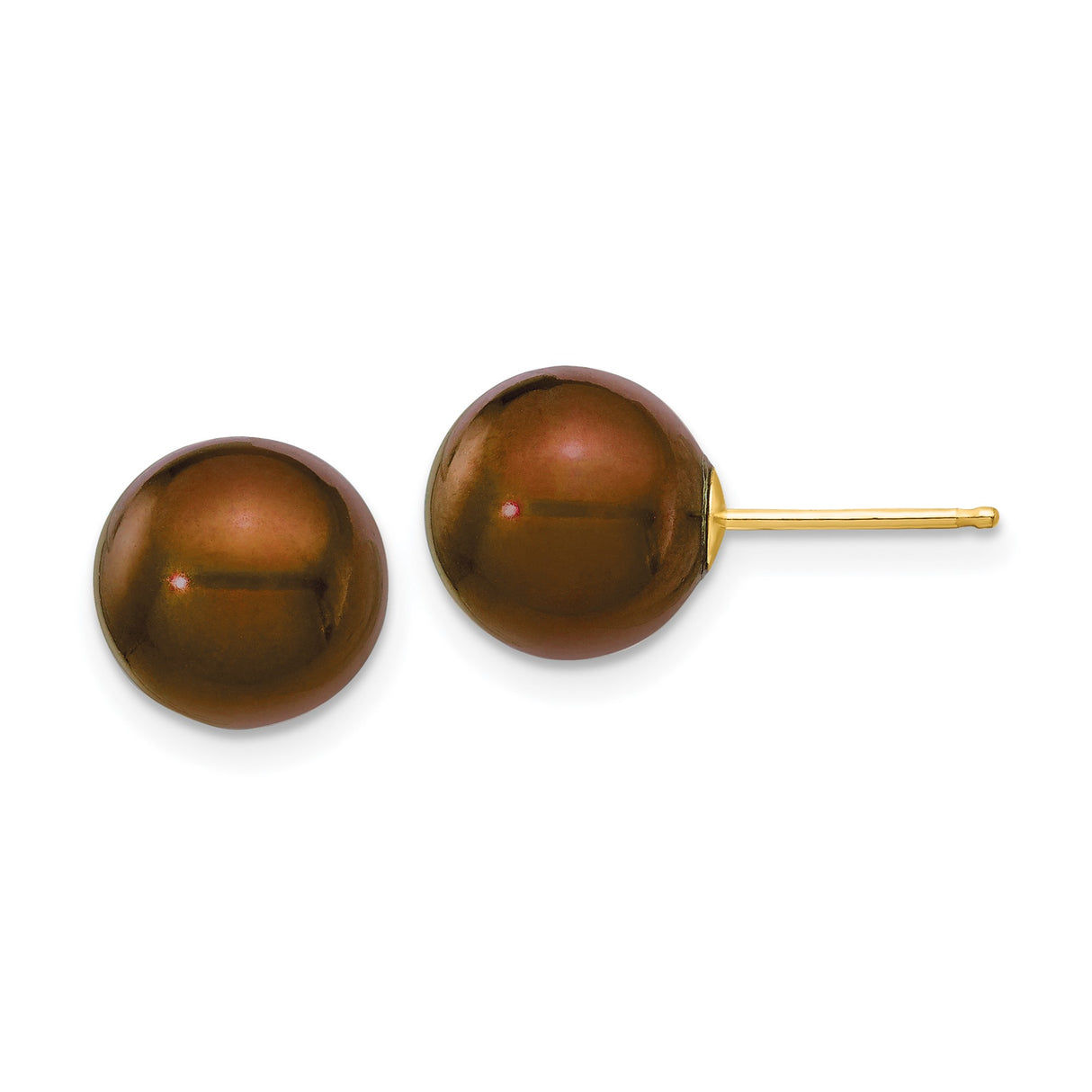 14k Yellow Gold Stud Earrings with Chocolate Brown Freshwater Pearls, Minimalist Design for Women