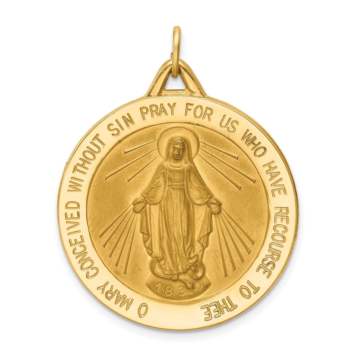 14k Yellow Gold Miraculous Medal Pendant with Virgin Mary and Catholic Prayer