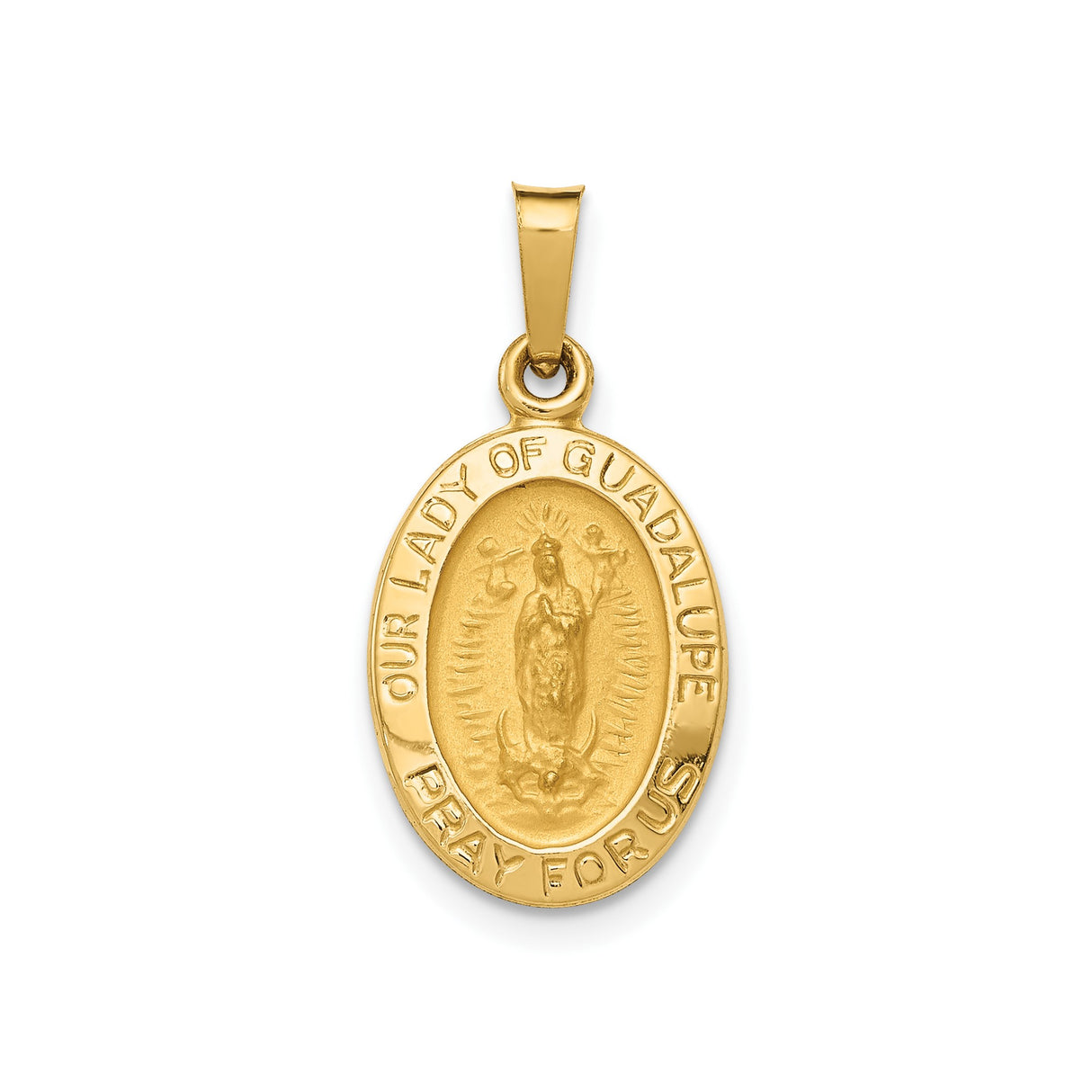 14k Yellow Gold Our Lady of Guadalupe Pendant with Pray for Us Engraving , Oval Virgin Mary Medal