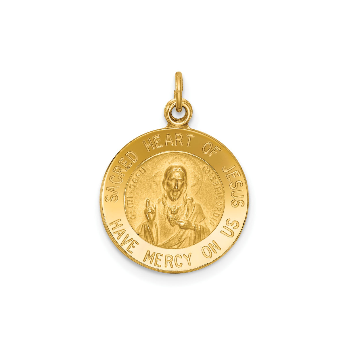 14k Yellow Gold Sacred Heart of Jesus Pendant, Catholic Religious Medal with Inscription