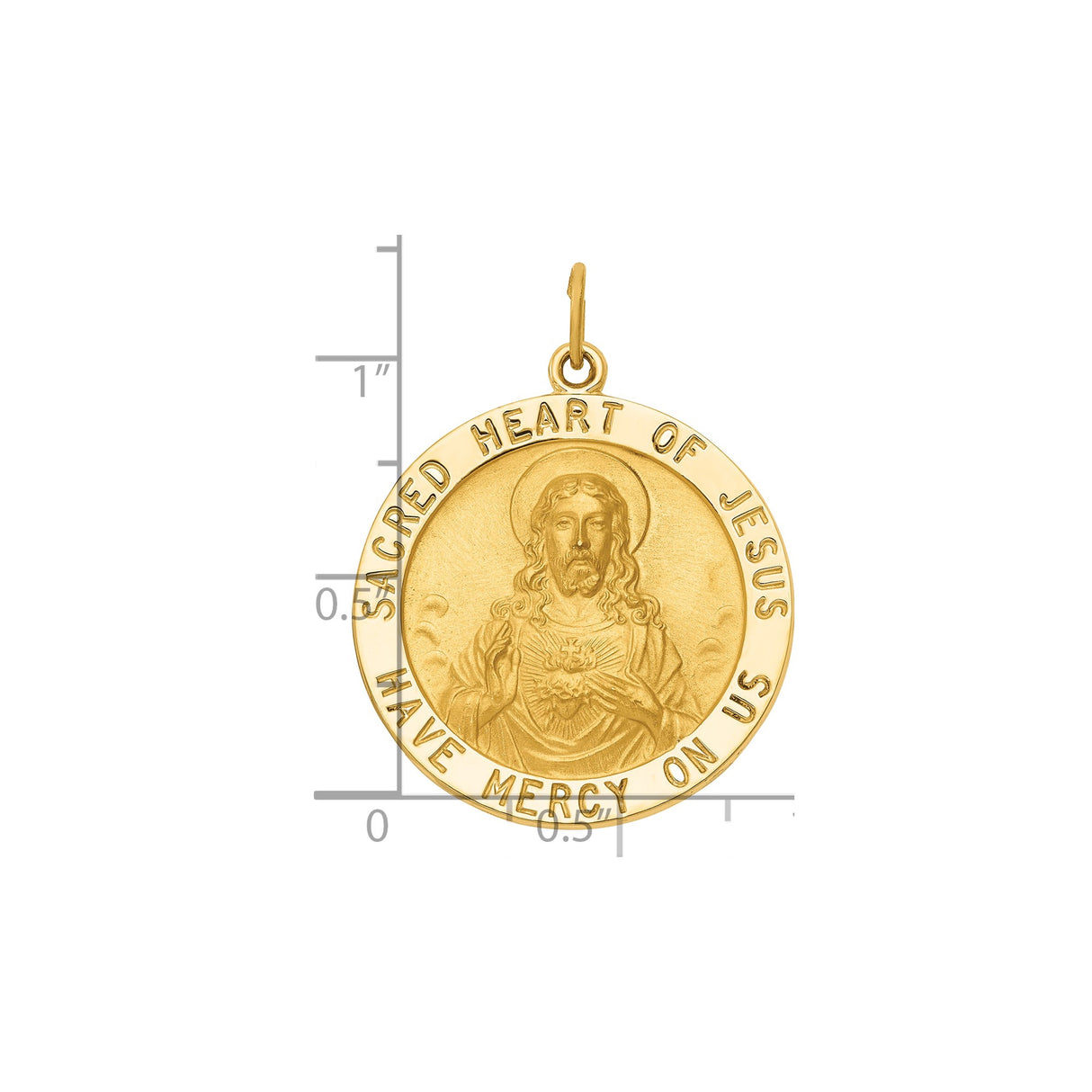 14k Yellow Gold Sacred Heart Jesus Pendant, Catholic Religious Medal with Mercy Inscription