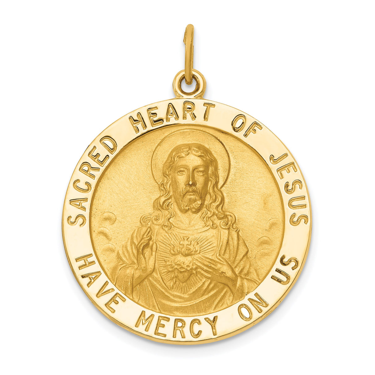 14k Yellow Gold Sacred Heart Jesus Pendant, Catholic Religious Medal with Mercy Inscription