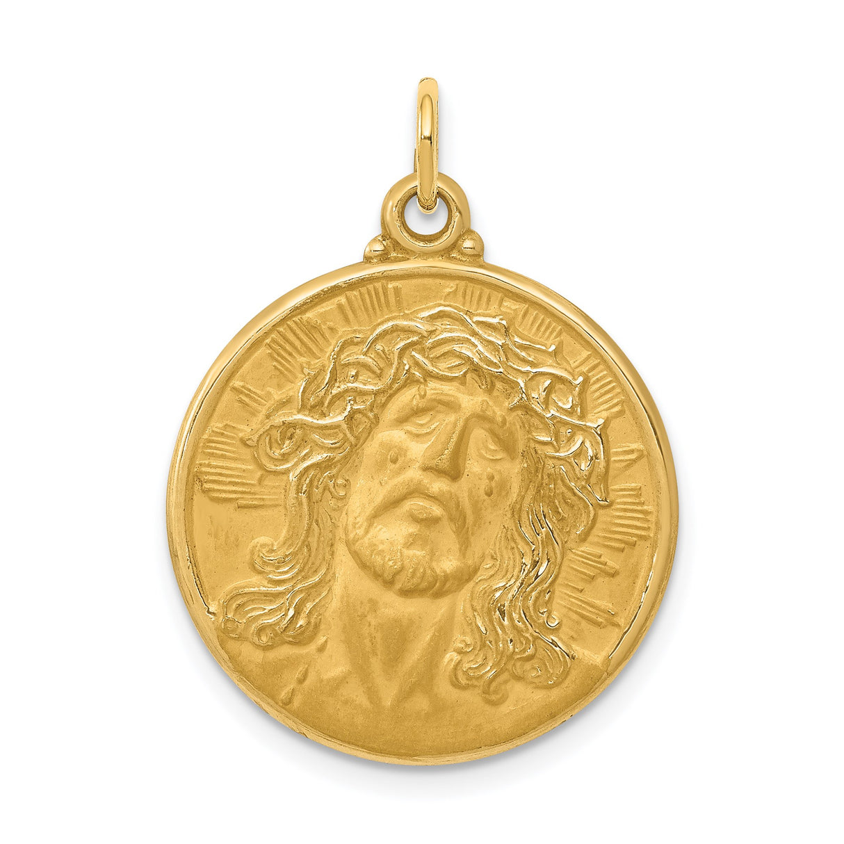 14k Yellow Gold Jesus Medal Pendant with Crown of Thorns and Radiant Halo