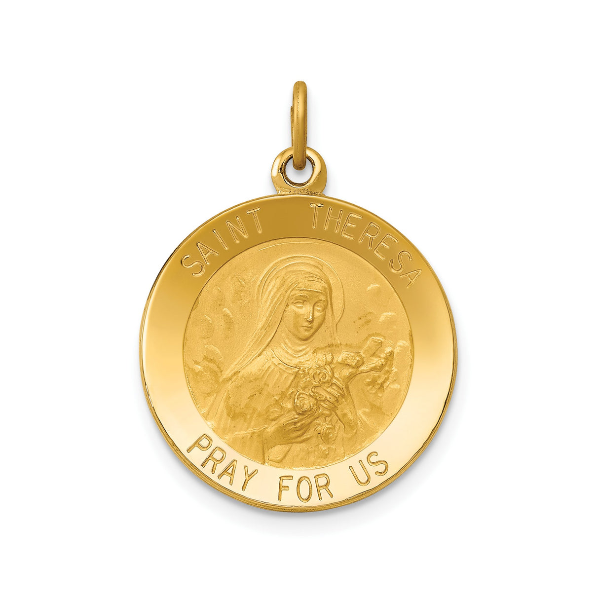 14k Yellow Gold Saint Theresa Pendant with Pray for Us Inscription