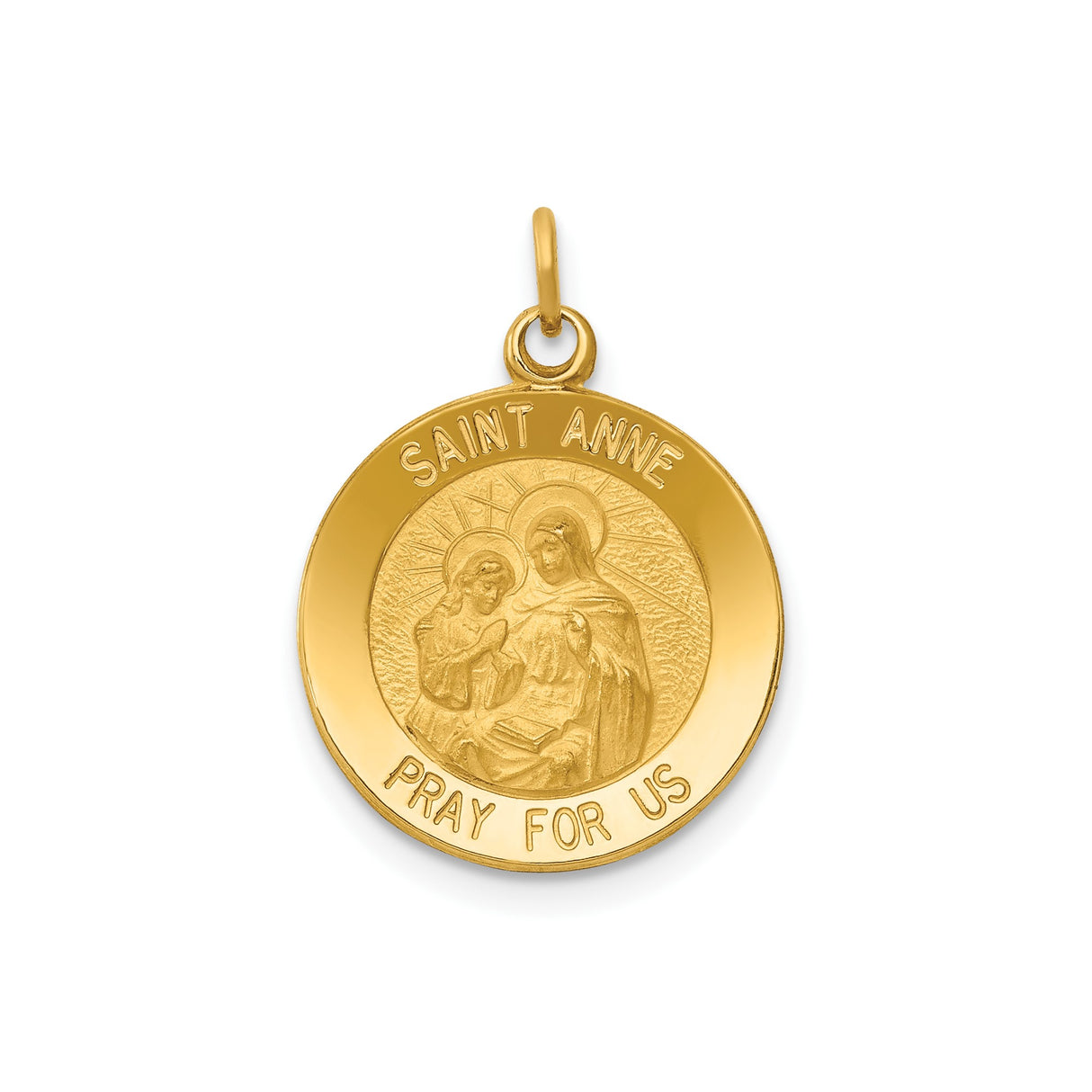 14k Yellow Gold Saint Anne Pendant with Virgin Mary Engraving and Catholic Medal Design