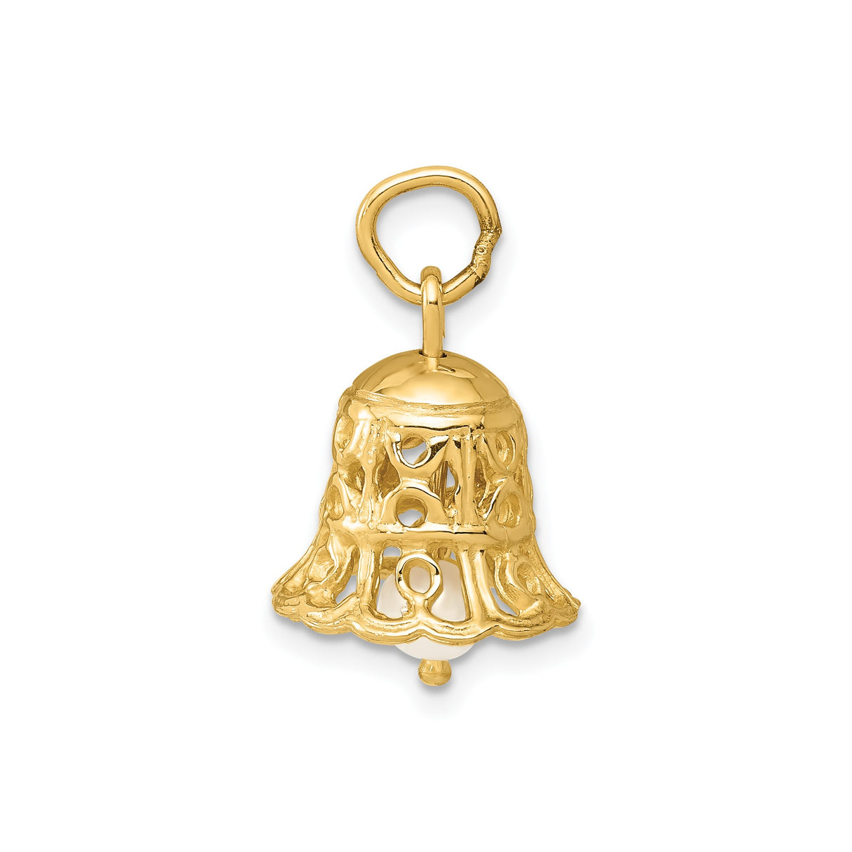 14k Yellow Gold Bell Charm Pendant with Pearl, Openwork Christian-Inspired Design for Women