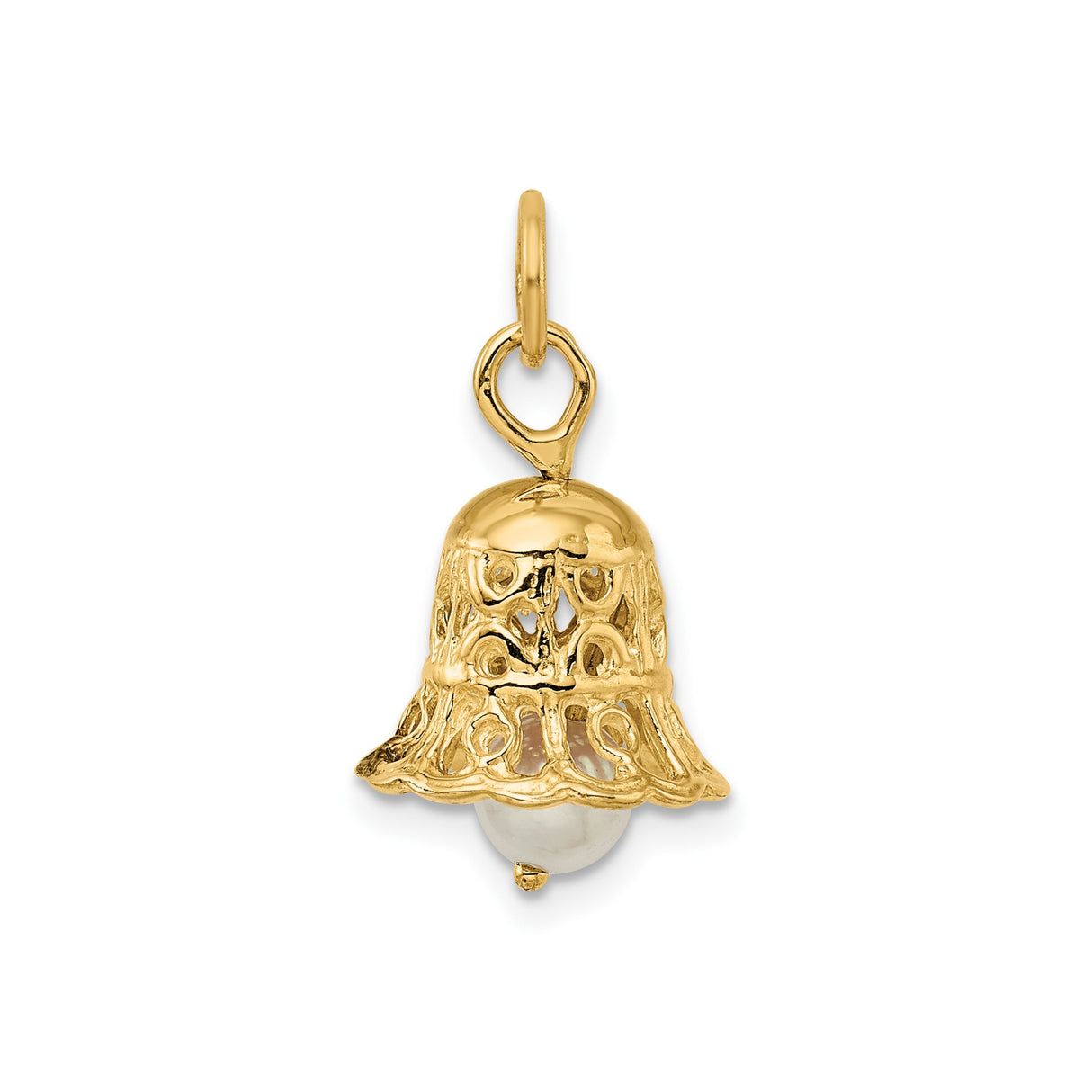 14k Yellow Gold Bell Charm Pendant with Pearl, Openwork Christian-Inspired Design for Women