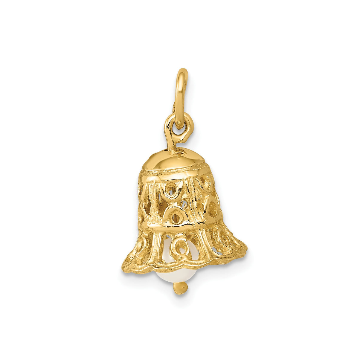 14k Yellow Gold Bell Charm Pendant with Pearl, Openwork Christian-Inspired Design for Women
