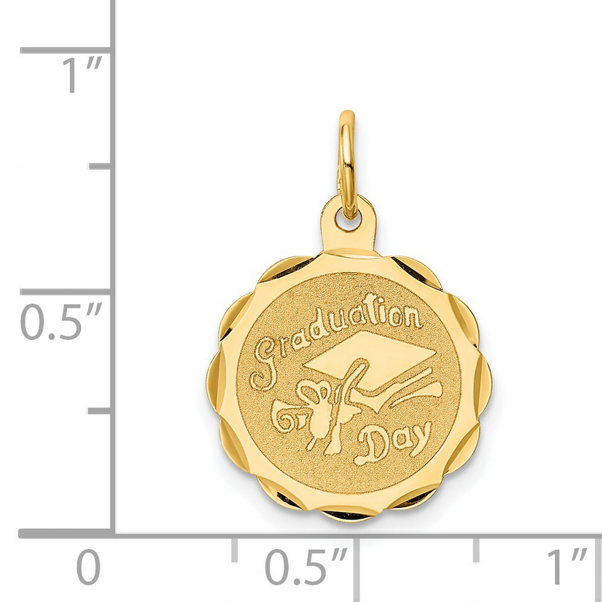 Graduation Day Words and Cap on Round Disc Charm Pendant in Real 14k Yellow Gold