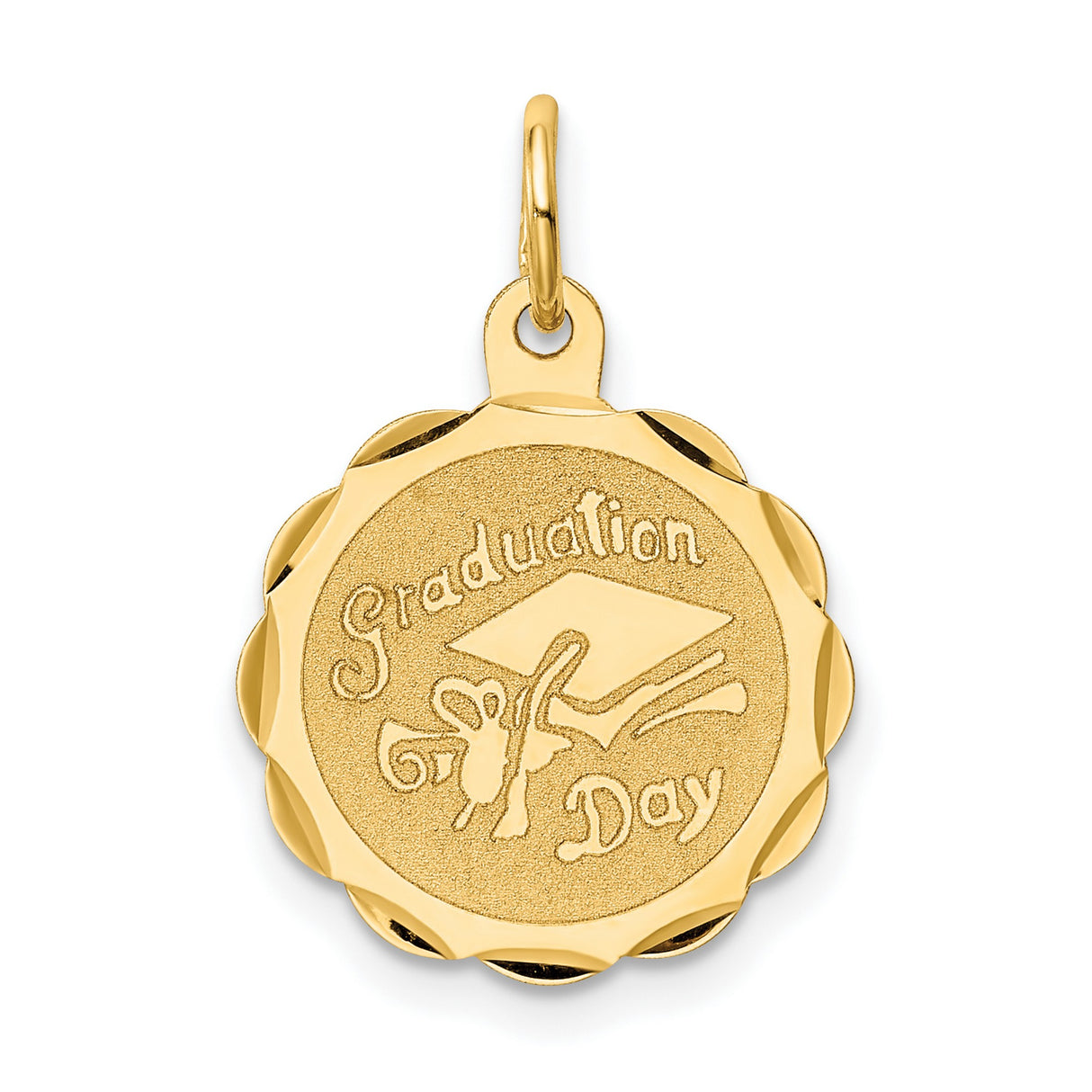 Graduation Day Words and Cap on Round Disc Charm Pendant in Real 14k Yellow Gold