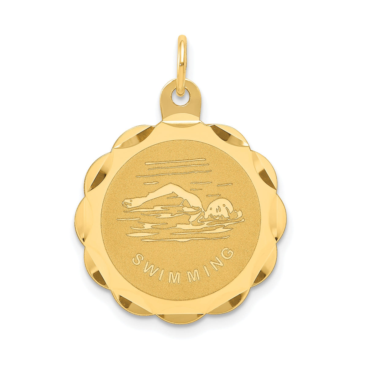 14k Yellow Gold Swimming Medal Pendant with Swimmer in Motion, Athletic Sports Charm