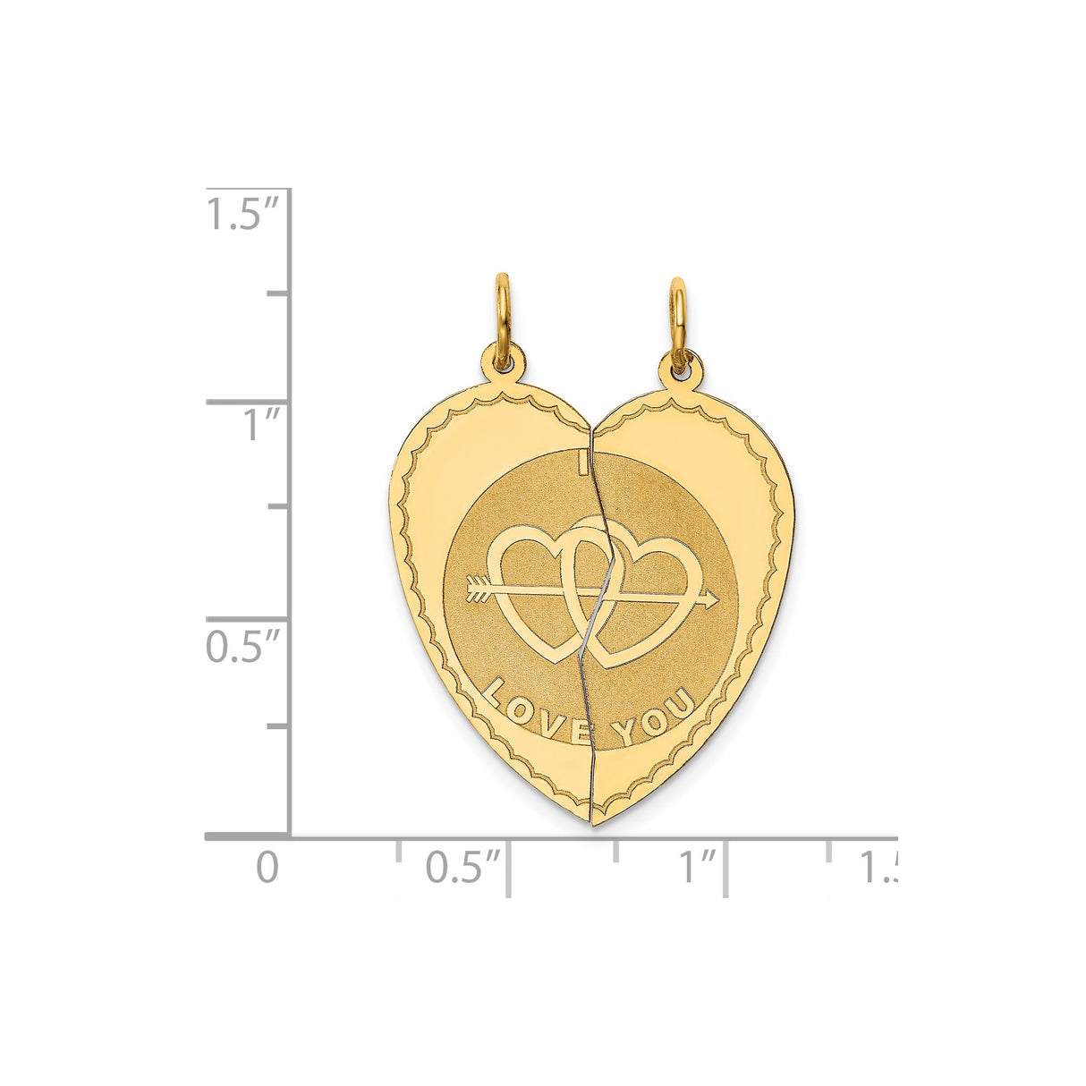 14k Yellow Gold Split Heart Pendant with Arrow and I Love You Engraving, Breakable Couple Charm