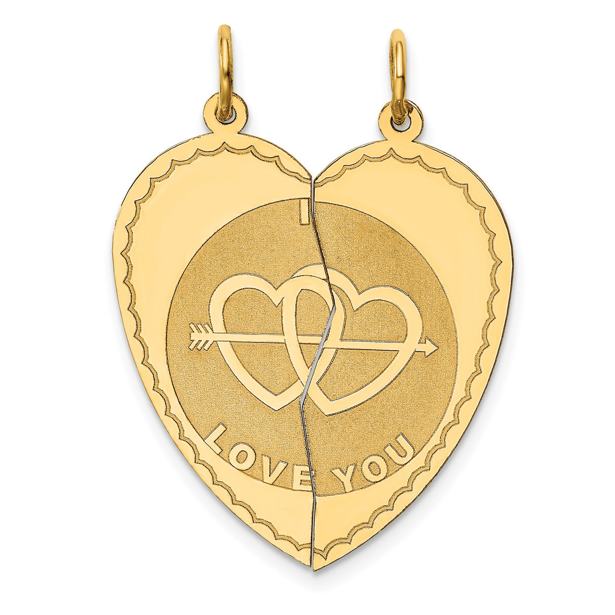 14k Yellow Gold Split Heart Pendant with Arrow and I Love You Engraving, Breakable Couple Charm
