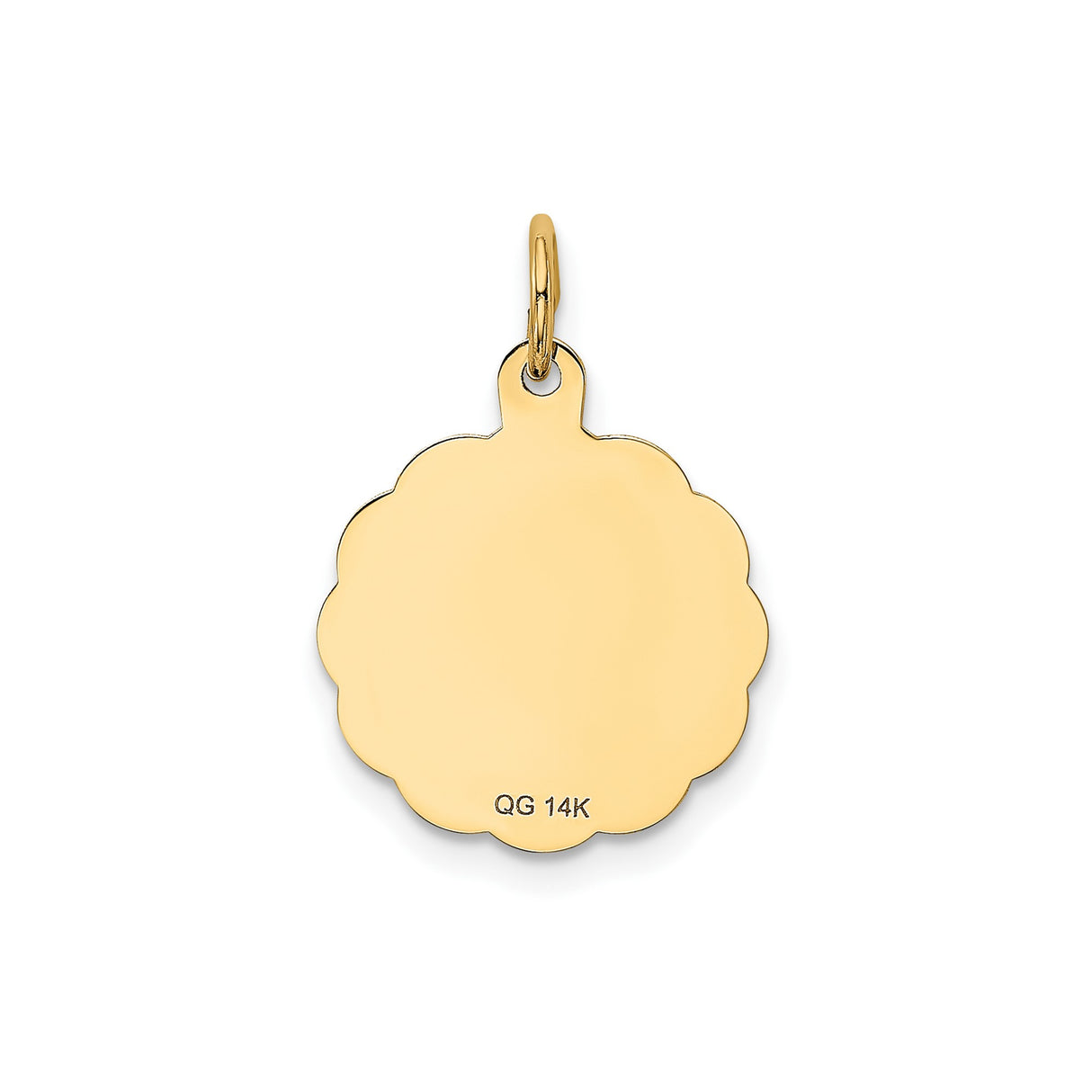 14k Yellow Gold Pendant with Two Doves and Hearts, Scalloped Edge Disc