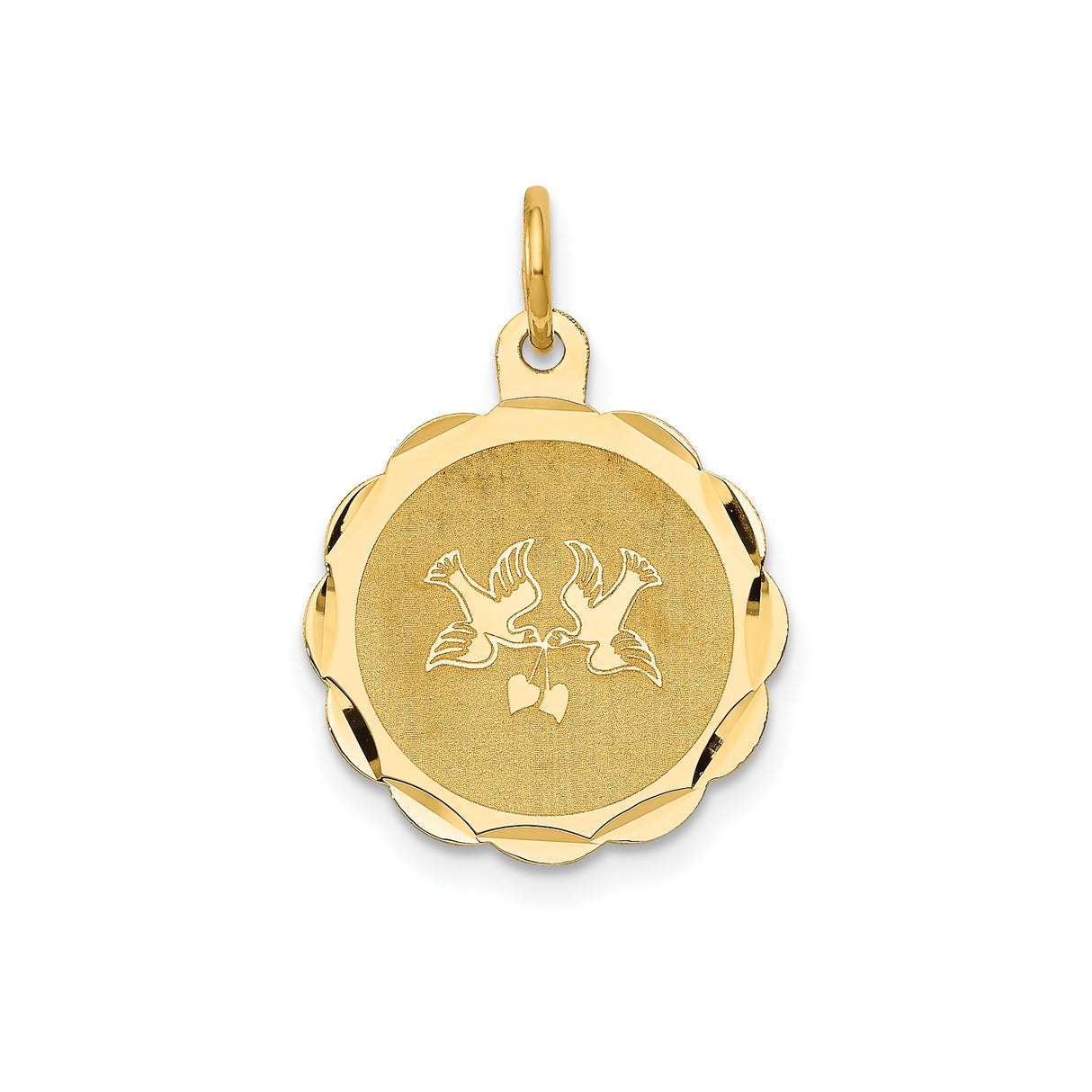 14k Yellow Gold Pendant with Two Doves and Hearts, Scalloped Edge Disc