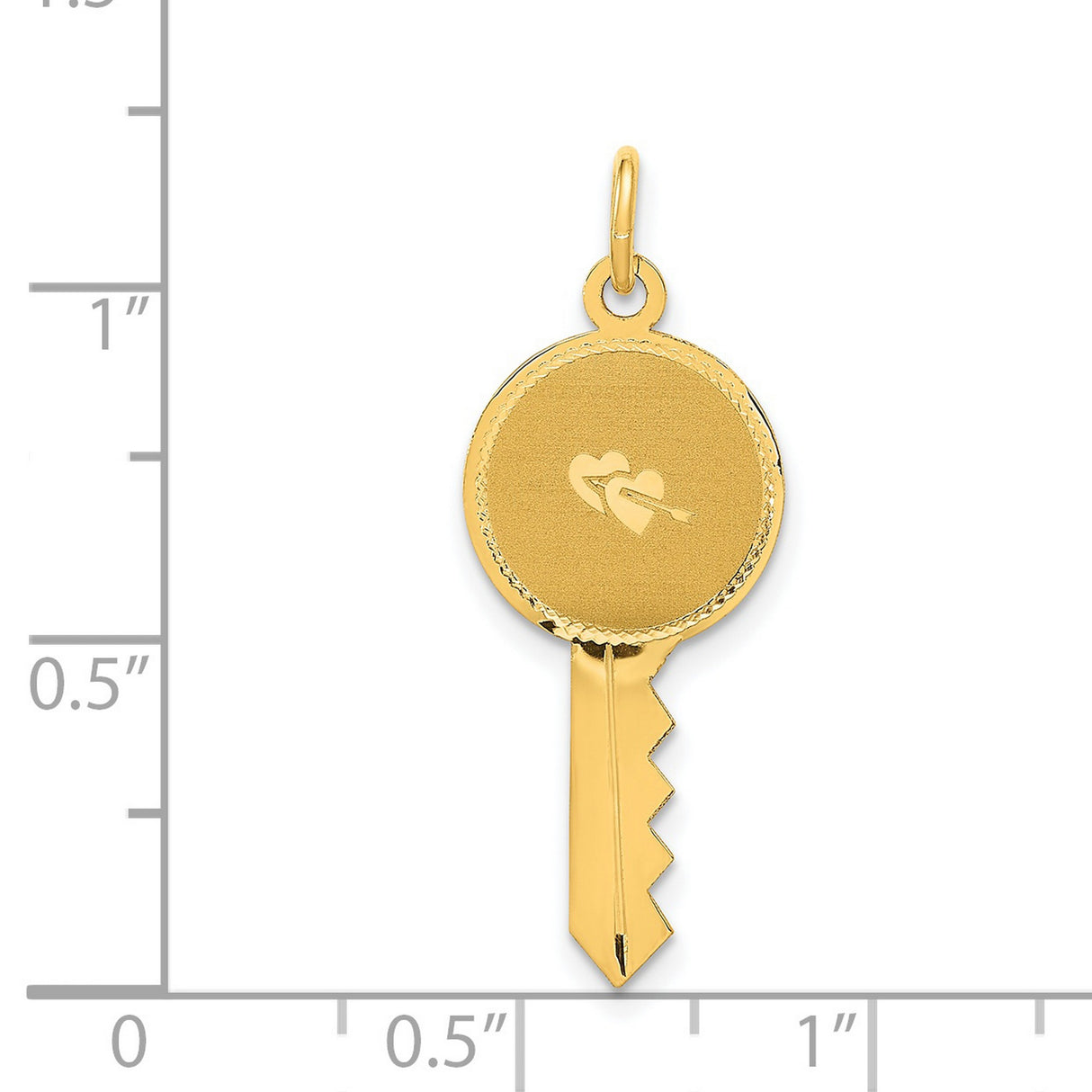 14k Yellow Gold Key Pendant with Two Hearts and Arrow, Romantic Love Charm